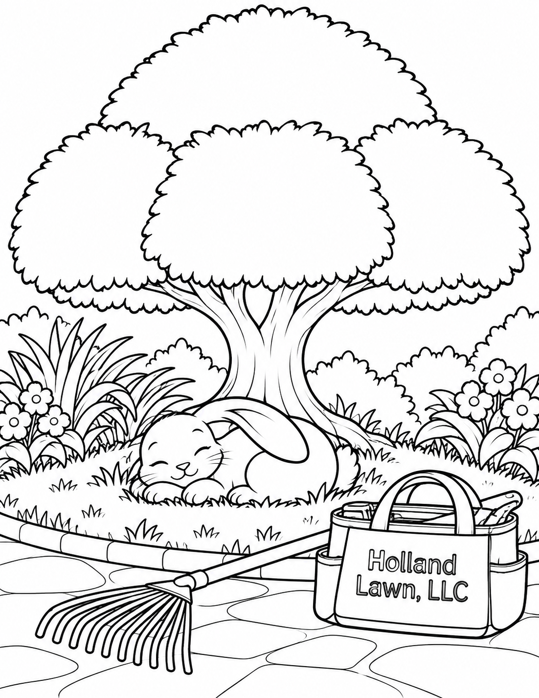 At rabbit height draw a peaceful rabbit curled asleep beneath an enormous neatly clipped shrub shaped like a broad umbrella. Its single sturdy planted trunk supports a smooth dome canopy formed from three generous rounded leaf masses, no fine leaf texture. The rabbit lies directly on short simple lawn, paws tucked, one broad ear folded over its side and pleased sleepy face visible. A clean curved edging line separates lawn from a broad garden path in foreground. One simple rake rests safely on path beside a broad tool tote carrying exact business lettering. No mower, ladybug, workers, sharp shears or realistic property facade. The shrub canopy and rabbit dominate, with entire canopy, roots and rabbit inside page.