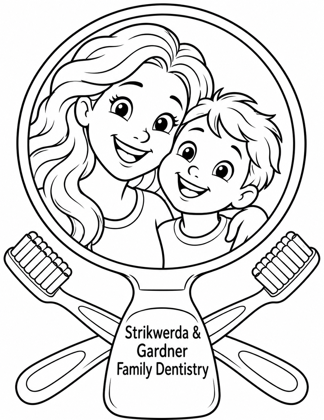 Draw a close affectionate reflection of a parent and school-age child smiling cheek-to-cheek in an enormous round dental hand mirror. The mirror fills three quarters of page; inside it show only their two faces, shoulders and the parent arm gently around child, both looking directly into mirror with happy natural smiles. Parent has broad unfilled wavy hair; child has simple short contour locks. Do not draw duplicate people outside mirror. The mirror has one thick smooth circular rim and a broad handle extending down to foreground, carrying exact business lettering. Two large simple toothbrushes rest crossed beneath handle, broad bristle blocks clearly separate from faces. Camera straight toward mirror at child-eye level. No dentist, chair, office, mouth interior or tooth characters. Keep complete circle, handle and toothbrush tips inside page, generous contours.