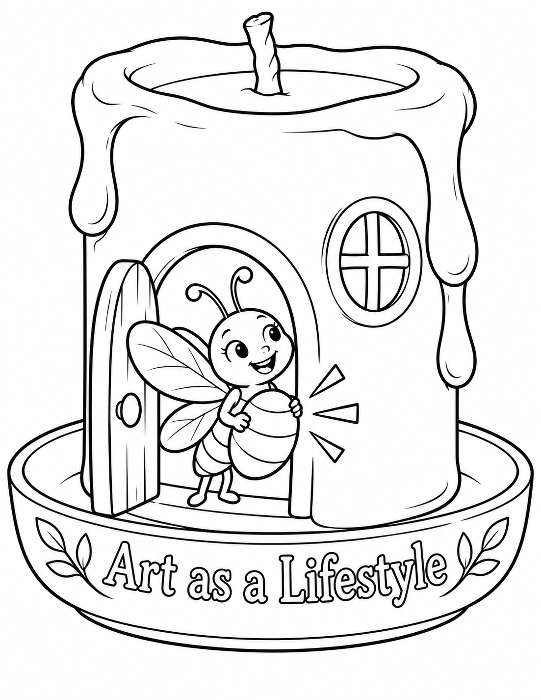 Draw a great handmade pillar candle transformed into a cozy imagined cottage, three-quarter view at tiny firefly height. Its broad cylindrical wax body has one rounded doorway and one simple round window; top wax rim curves softly around an unlit short wick. A delighted little firefly peeks from doorway, holding its own rounded lantern abdomen forward with three clean open-outline light rays; no actual flame or filled glow. Give it two broad wings and simple expressive eyes. Candle rests firmly on a broad saucer carrying exact business lettering. Only two large soft wax drips down side, no fine texture or melted furniture. No people, actual shop, sewing equipment, pests in merchandise or extra cottage objects. Entire candle and saucer visible with broad coloring regions.