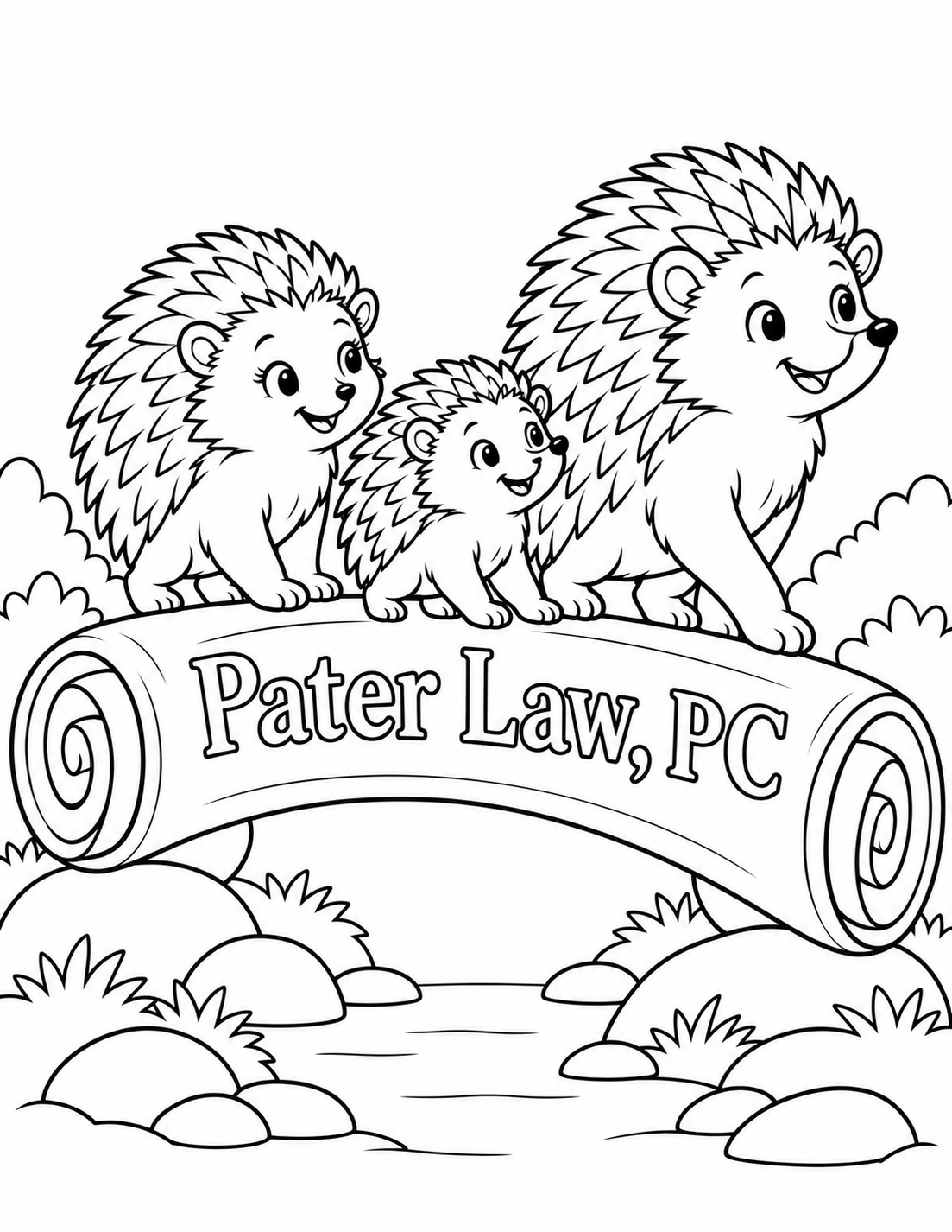 Preserve the exact three happy hedgehogs, their different family sizes, faces and visible paws, and the same broad arched legal scroll forming a sturdy bridge over the small stream. Pull back slightly and shift the whole bridge/family toward center so BOTH complete spiral scroll rolls, every hedgehog quill silhouette, noses, paws and supporting rocks are contained within a continuous white margin. The right spiral roll must be fully rounded and closed inside the page, never touching or crossing the right edge. Preserve paws resting firmly on the broad scroll arch and rolls resting on their supporting rocks. REMOVE ALL faint gray shading, grain, scumble, hairline hatch and speckle from quills, faces, bodies, scroll, rocks and water. Each broad quill is completely pure white within one clean black contour, with no internal texture stroke. Keep faces and broad bellies open white, paper smooth, rocks untextured and water described only by three widely spaced short horizontal lines. Keep only a few broad background shrub silhouettes, no dense foliage or scenic texture. Preserve "Pater Law, PC" as large readable open outlined letters across the broad scroll face. Keep the original warm family crossing and coherent supported arch; no extra animals, documents or objects.