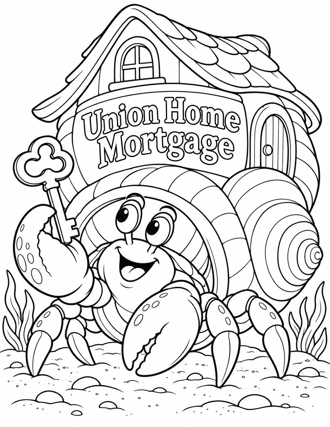 At crab eye height draw a happy hermit crab emerging from a magnificent cozy house-shaped shell. The broad shell curves at its lower front into a round spiral opening; above it rise simple house walls, a large curved gable roof, one window and one little door, all structurally part of the fantasy shell rather than a loose building. The crab has two expressive eyes on short stalks, two broad claws and two clearly separated visible walking legs on each side, with reduced rear appendages hidden inside the shell. It holds one great simple old-fashioned key gently in its right claw and admires it with a pleased smile. Exact business lettering is on a broad wall panel of shell. No ocean, actual house facade, coin stacks, rates, paperwork or other animals. Complete roof, key, claws and legs, broad white coloring areas.