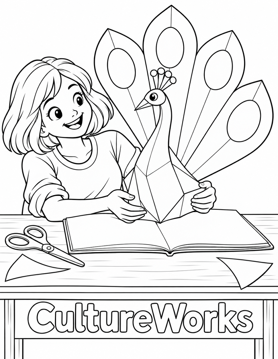 At tabletop height show a teenager artist with a delighted focused face lifting a magnificent handmade paper peacock from a large open blank sketchbook. Its curved paper neck rises at center and its tail unfolds as a huge fan with exactly five large feather-shaped paper panels, occupying the upper half of the picture. Each panel has one broad outlined oval and one visible fold, with no fine feather texture. Clearly draw paper edges and creases so the peacock is a paper sculpture, not a living bird. The teen has a rounded bob haircut made of unfilled contour locks, a simple rolled-sleeve shirt and both hands securely supporting the sculpture base. Include a blunt-tip scissor and two broad paper scraps on the desk only. Exact business lettering is on the front desk apron. No other students, teacher, classroom mural, decorative border, painted fill or extra writing. Keep fan tips and all hands inside the page.