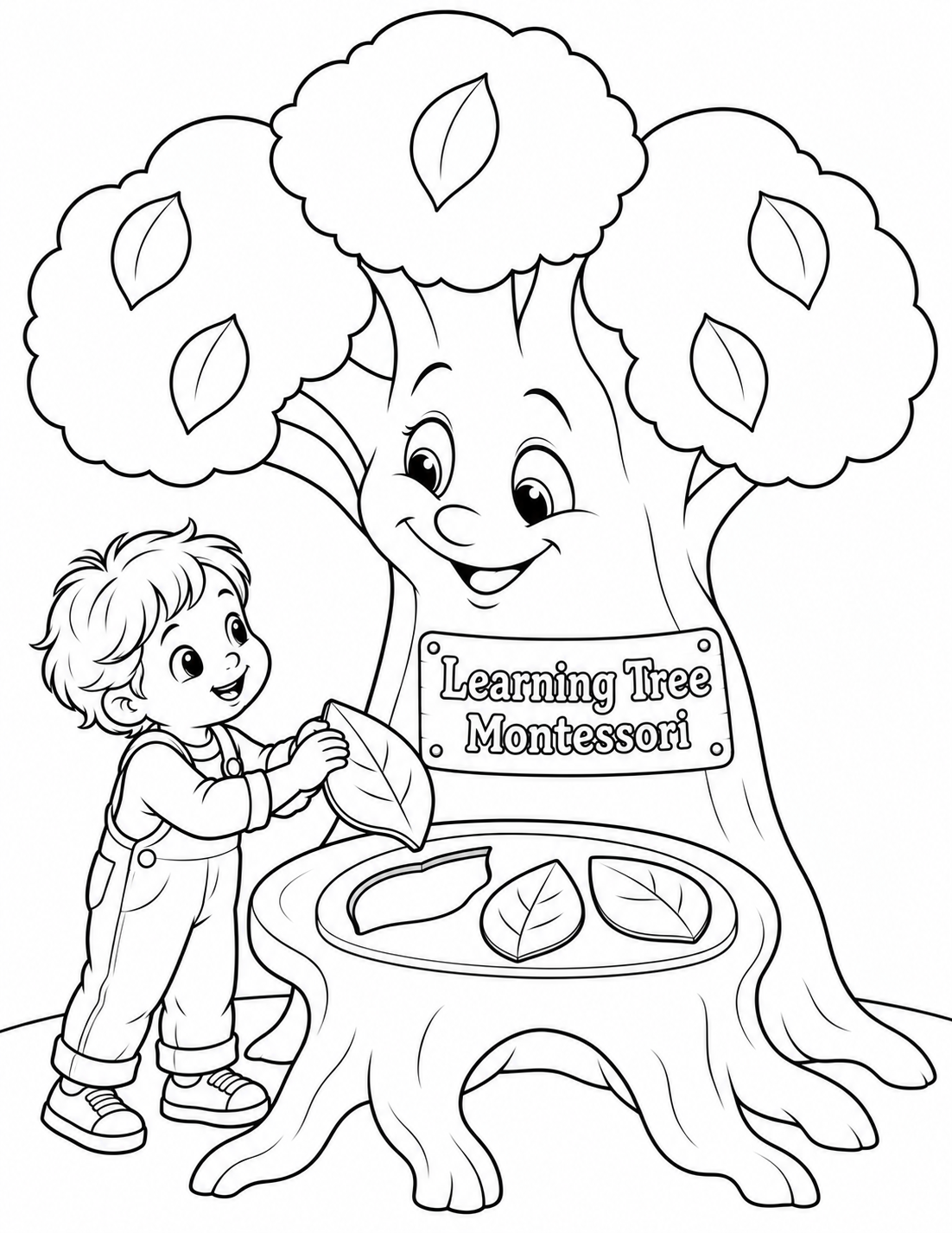 Preserve the exact input’s warm smiling learning-tree face, pleased preschool-age child in overalls, natural two-hand support of the missing leaf puzzle piece, broad root table, three-leaf inset tray and readable trunk plaque. Keep the pictured leaf-piece matching activity: two broad leaf-shaped pieces are seated in the tray, and one clearly matching empty leaf-shaped slot waits beneath the held piece, whose size and pointed outline correspond to that slot after rotation. Move the camera farther back at the same gentle child-eye height so the ENTIRE learning tree is inside the portrait: all three rounded canopy lobes with complete unbroken top and side outlines, full smiling trunk, full low root table and complete roots/base must have clear surrounding white margins. The whole child, both hands and both shoes also remain inside the page. Preserve the large friendly facial relationship and broad puzzle pieces; do not shrink them into tiny detail. Simplify the trunk and root table to broad WHITE wood areas with only a few smooth necessary contour curves, removing the numerous gray bark/grain strokes. Keep canopy as three large unfilled lobes with only five broad simple leaf outlines total. Remove surrounding dense bushes and grass tufts; use one quiet ground curve and pure white background. Keep the exact plaque wording readable in open outline letters. No worksheets, alphabets, numbers, extra toys or crowd. The child-led matching discovery and kind tree remain the attraction.