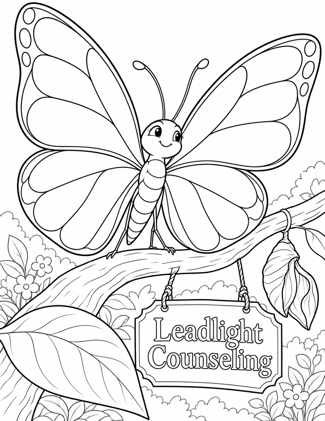Draw an elegant full butterfly just emerged from an open chrysalis on a broad gently curving branch. Camera is close and slightly below the butterfly, so its beautiful wings occupy most of the page in a welcoming open fan. Each wing is formed from six large smooth stained-glass-like panes bounded by clean contour lines, with simple curved shapes and no cracks or shards. Its body is rounded, face quietly pleased, and two antennae curve upward. The empty chrysalis hangs clearly beside it, opening away from the butterfly body. One large broad leaf rests below. This is a peaceful imagined metaphor for growth and the Leadlight name, not a clinical treatment scene. A plain hanging plaque from the branch carries only the exact business lettering. Keep wing tips, antennae, chrysalis and plaque fully visible. No therapist, office, injured animal, floating slogans, kaleidoscope texture, gray fill or decorative frame. Give each wing pane a generous connected area for coloring.