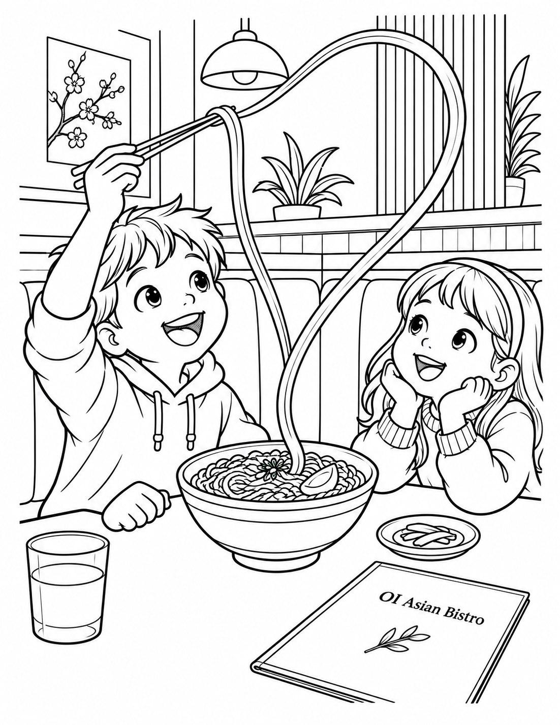 Preserve input image 1’s two delighted children seated side by side in an imagined bistro booth, its central large noodle bowl, enormous whimsical noodle loop arcing above them, girl’s chin resting in both hands, water glass at the lower left, small side dish and business-name menu at lower right. Preserve their happy faces, hairstyles, clothing, camera angle and meal arrangement. Correct only the boy’s raised arm and chopstick hand: give the bent elbow a natural position beside his shoulder, align forearm and wrist without a sharp sideways kink, and draw five coherent fingers using a believable chopstick grip. One chopstick rests steadily between the base of the thumb and ring finger; thumb, index and middle fingers control the upper chopstick. Their paired tips pinch the same lifted noodle at the original attraction point, without fingers fused through utensils. His other hand still rests on the table. Adjust only the local arm, wrist, fingers and the short noodle segment at the utensil contact as needed; retain the large looping noodle and the whole scene. Use smooth clean black outlines on pure white; remove incidental fine gray table hatching and mouth stipple while preserving all core shapes. Keep broad white clothing, bowl and booth regions. On the menu retain the exact wording in readable open outline letters; no new text, menu items, city or slogans.