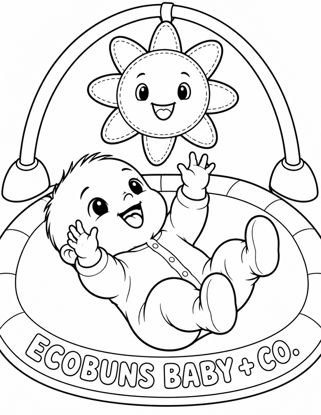 From a close diagonal overhead view draw an awake happy baby lying on its back on a broad oval floor play mat, looking up in delight at one large soft plush sun hanging above. The baby wears a simple footed onesie; both little hands reach upward and feet lift gently, all limbs complete. The sun has eight broad rounded fabric rays and an embroidered open-outline smiling face. It hangs by a single very short fabric loop from a sturdy curved play-gym arch resting on two wide feet outside the mat. Keep the toy above the hands, with no reachable strings. The baby face fills the lower center; the great plush sun fills the upper center. The broad mat edge carries the exact business lettering. No magnetic tiles, building pieces, loose small objects, cot, pillows or extra toys. Large white coloring areas in onesie, mat, cheeks and rays.