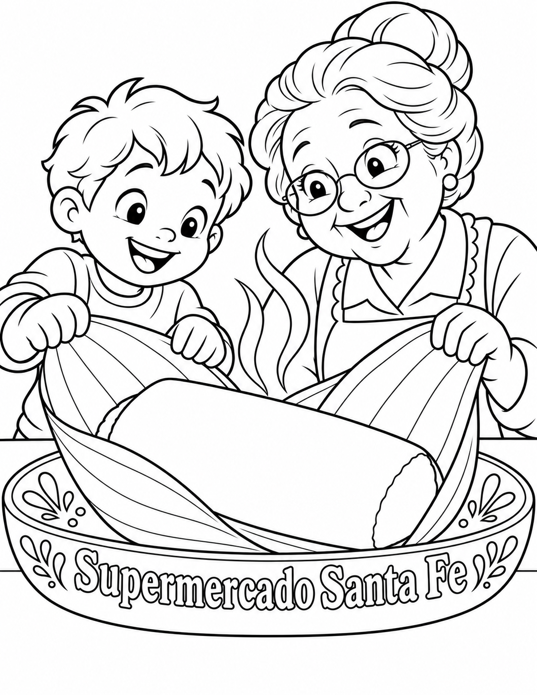 Preserve the exact happy child and grandparent unwrapping the same oversized tamale on a broad plate, with the same four clear hand contacts and delighted expressions. Pull the viewpoint back enough to contain the child’s complete left hand and sleeve, grandparent’s entire hair bun, both husk leaves, plate and steam curves within a continuous white margin. Make the masa tamale an entirely pure-white, smooth broad cylinder with only its clean outer contour; REMOVE all granular texture, gray scumble, speckles and shading from it. Each corn husk is pure white inside with exactly three widely spaced contour veins, never fine parallel hatch lines. All table, plate, clothing and hair coloring areas are pure white with simple contours, no wood grain, gray wash or black fills. Preserve the legible business name in broad open letters on the plate front, the two simple steam curves, food-led scale and warm family action. Quiet white background with no new dishes or props.