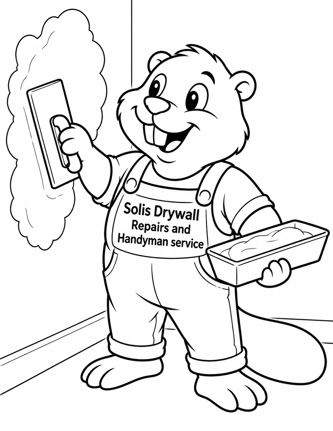 Draw a cheerful beaver drywall repairer in plain overalls beside a smooth vertical wall, at close waist-height three-quarter view. A huge repair patch on wall has a whimsical cloud-lobed perimeter and broad smooth surface. The beaver holds a wide rectangular finishing trowel by its visible handle, pressing the blade flat against the patch edge with one paw; other paw holds a broad shallow plaster pan. Its pleased face looks at the smooth result, two front teeth visible. One large flat paddle tail rests on ground behind, untextured. Exact business lettering is on overalls broad chest panel. No wall hole, flying cloud, nail gun, child, unfinished house or real worker portrait. Complete paws, pan, trowel and tail; spacious open contours.