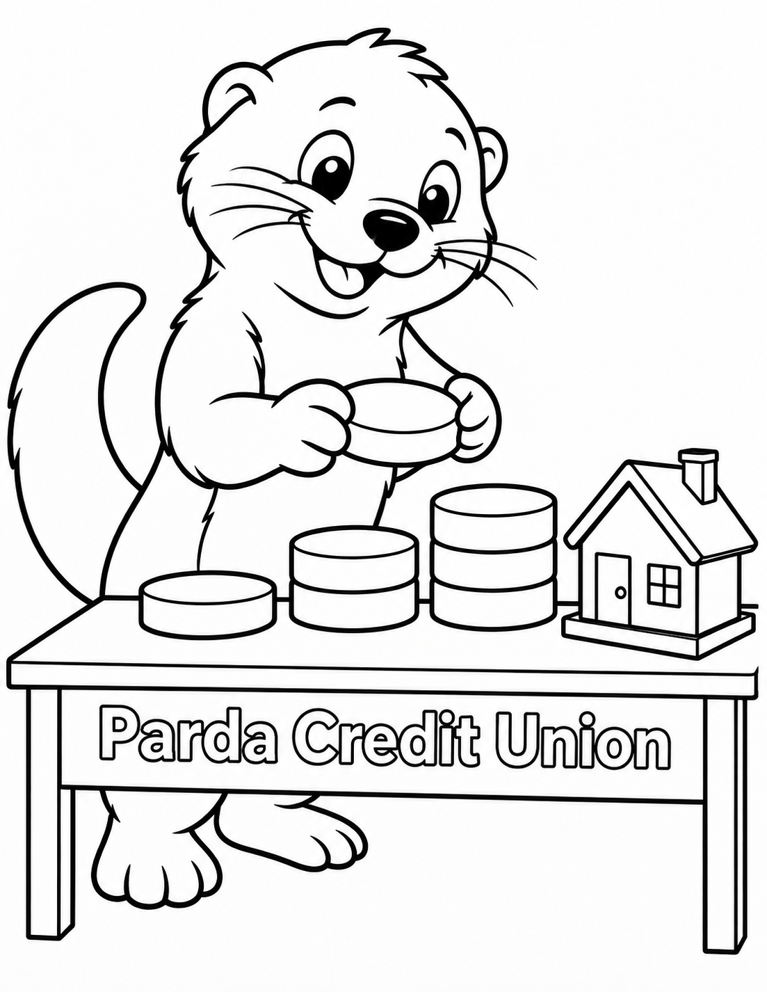 Draw a friendly otter at a broad low tabletop carefully building three stable coin steps toward a simple miniature model house. The otter stands beside the stacks, its long broad tail curling behind, delighted focused face looking at a large flat coin it holds horizontally with both paws just above the middle stack. Three stacks contain one, two and three thick smooth oversized coins, each with a plain open face and no currency text. The small model house rests beyond the tallest stack on table, with broad roof, one door and one window. Nothing floats or crosses water. Exact business lettering is on table front. No bank facade, rates, chart, savings tree, acorns or extra characters. Keep otter face and coin-building action large; broad open shapes throughout.
