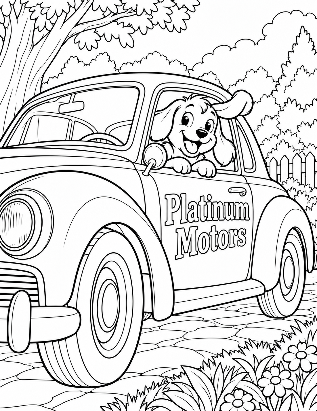 At front-wheel height draw an elegant imagined classic-style car parked still, three-quarter side view. Its entire unbranded rounded body, broad fenders, two perspective-visible wheels and simple grille remain on page. A delighted floppy-eared dog peers through the open side window, front paws resting on inside sill, body safely inside car. One ear curls upward in a gentle breeze, the other drapes beside its pleased face; no speed lines. Car panels are smooth open white contours, wheel rims simple broad rings, no metallic shading or dense grille. Exact business lettering is on a broad side door panel. No real inventory model, driver, road traffic, flags, dealership facade or polishing worker. Let wheel/fender dominate foreground and dog face remain large enough for charm.