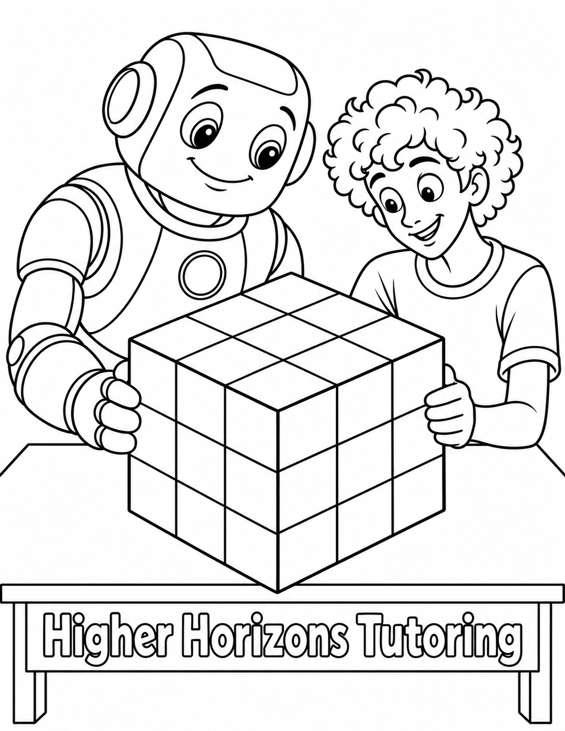 Draw the same welcoming rounded robot and delighted curly-haired OLDER school-age learner from input2, together at the same simple broad table. Between them stands ONE enormous conventional 3-by-3 TWISTY PUZZLE CUBE, resting squarely on its bottom face on the tabletop. This is a closed solid cube, not a paper net. Use the elevated front three-quarter camera and object perspective in input1: the viewer clearly sees one top face and two side faces meeting at the front vertical corner. Each of these THREE visible faces has exactly THREE rows and THREE columns, making NINE broad four-sided facelets per visible face. Two interior grid lines in each direction per face; the row/column seams align continuously across shared outer cube edges as in input1. All layers are fully ALIGNED in a normal cubic silhouette, no mid-turn layer, exploding pieces, extra slice or detached block. Make the cube large enough that every facelet is a generous white coloring area, approximately half the page width, while both friendly faces remain large above it. The robot lightly steadies the left outer vertical edge and the learner lightly steadies the right outer vertical edge, fingertips/thumbs wrapping behind those edges. Their connected wrists and hands visibly touch the cube while leaving the three face grids readable; no hand covers an interior grid intersection or facelet. They share a pleased, thoughtful gaze toward the cube, a delighted insight before deciding the next puzzle move. Reposition both arms naturally for this solid object; preserve their successful character design and warmth only. The whole cube, both visible upper-body silhouettes, heads, hair and table-apron lettering fit inside generous white margins. Entirely discard every prior paper panel, triangular flap, net hinge and polygon outline from input2. Pure-white cube facelets, robot plates, learner hair/clothes and tabletop, with confident simple black contour lines. No color fill, numbered cells, alphabet pieces, symbols, arrows, formulae, extra toys, tools or background clutter. This imagined advanced spatial reasoning moment is more mature than the rejected B-for-ball activity.