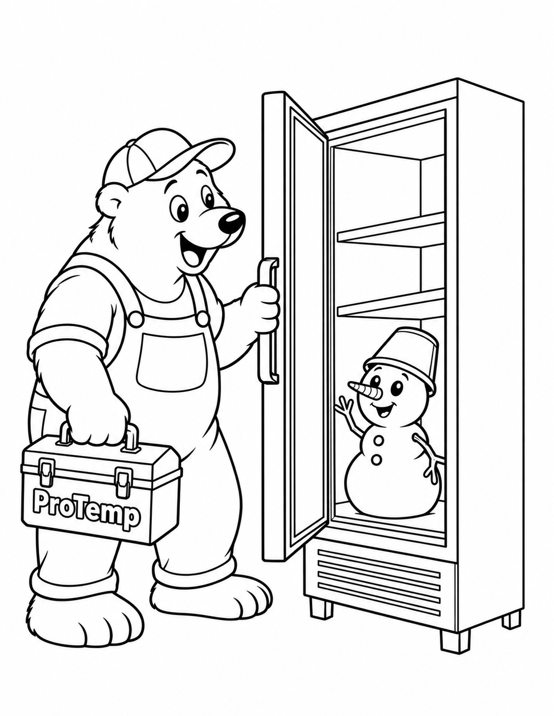 Preserve the exact input’s delighted polar-bear technician in cap and overalls, both fully visible feet, one paw gripping the open cabinet door handle, other paw carrying the toolbox, and the friendly two-ball snowman standing on the bottom shelf inside the refrigerated commercial cabinet. Preserve their expressive faces, shelves, door opening angle and broad simple shapes. Reframe from slightly farther away without changing the three-quarter viewpoint, placing BOTH the complete bear and the COMPLETE cabinet entirely inside the portrait. Finish the cabinet’s outer top-right corner and right side contour and leave a generous continuous white margin to the right, above and below it; no cabinet edge may run off the canvas. Keep all legs on one coherent ground plane and both hand-to-object contacts clear. Keep the snowman’s bucket hat and twig arms wholly inside the cabinet opening, with two empty shelves above; the cold surprise remains the attraction. Retain the toolbox business name exactly. Background is pure white, with no workshop, decorative frame or extra objects. Use smooth black contours and unfilled white interiors throughout, with large easy coloring regions.