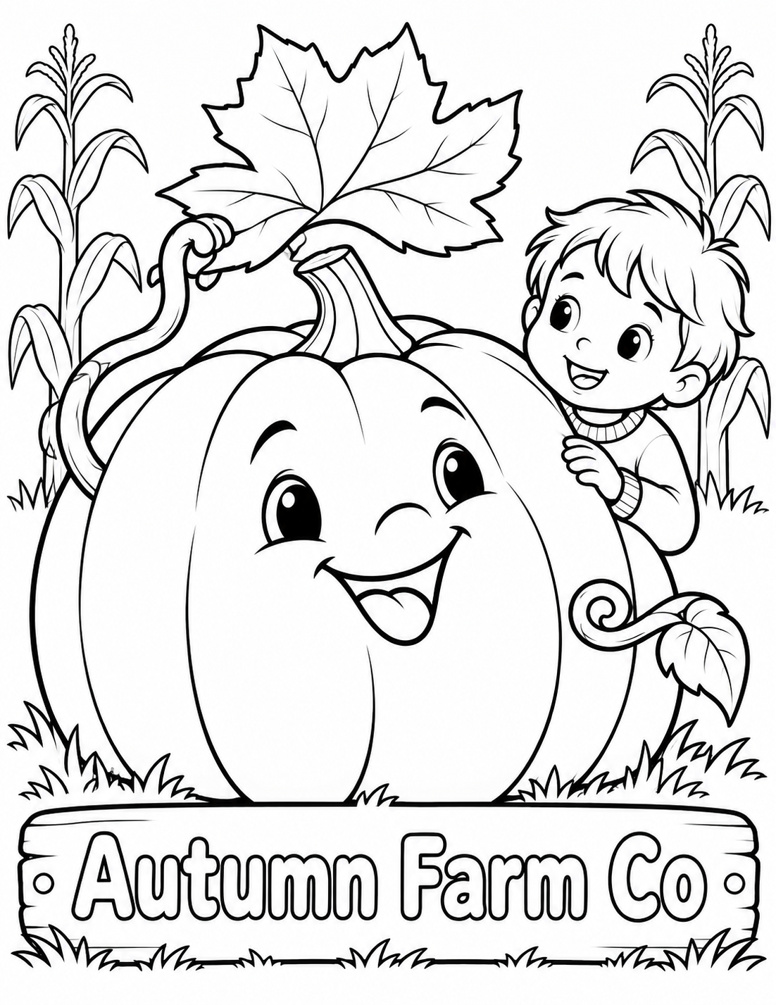 At pumpkin-ground height draw one magnificent friendly pumpkin with six broad smooth lobes and a delighted open-outline face, no carved hollow or dark fill. A curly vine arm lifts a huge maple-leaf hat just above its stem in a cheerful greeting; second vine arm curls near side. A curious child in a plain sweater peeks around pumpkin right side, one hand resting gently on its broad lobe, face delighted. The pumpkin fills most of page. Two simple corn stalks with three broad leaves each stand far behind, suggesting farm without maze detail. A broad garden plaque at ground carries exact business lettering. No Halloween monsters, wagon, real farm facade or dense vines. Keep complete pumpkin, leaf hat, child and plaque visible.