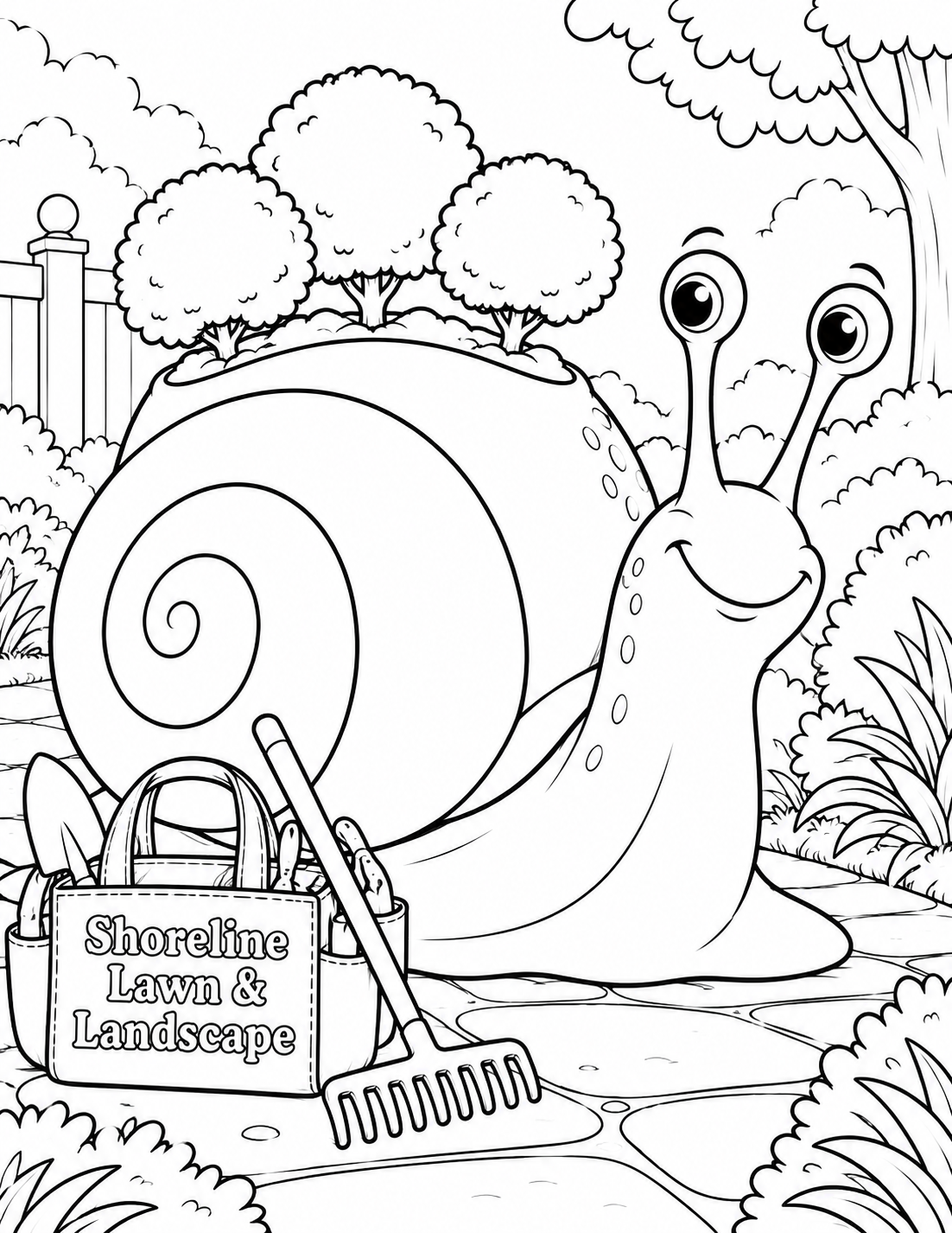 Draw a charming large snail gliding beside a neatly edged garden path, seen low from front three-quarter view. Its huge smooth spiral shell supports a shallow integrated planted bed with just three broad rounded topiary shrubs, each a simple dome on a visible short trunk. The shell remains recognizably curved with one broad spiral band, no windows or houses. The snail has two long eye stalks, amused gentle smile and one smooth broad foot resting on ground. A plain rake rests beside a small landscape tool tote carrying exact business lettering. No mower, workers, dragon, crowded flowers or dense leaf detail. Keep shell, shrubs, stalks and path complete in frame; broad enjoyable coloring shapes. The garden-bearing snail is plainly imagined, not a real service offering.