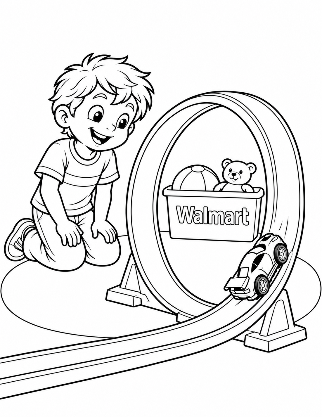 Preserve the exact input’s delighted kneeling child, bright face, hands resting on knees, chunky toy race car climbing the lower-right curve, coherent visible wheel contacts, large continuous loop track and toy bin with business name. Pull the camera slightly farther back at the same low toy-car height so the COMPLETE CHILD including BOTH rear shoes and all knees, the COMPLETE circular loop including its outermost right rail, the whole car and the complete bin fit inside the portrait with a generous clear white margin on every side. Especially bring the child’s left rear shoe and the loop’s far-right outer edge fully inward. Keep the track’s successful continuous geometry, ground supports and the car’s four-wheel total with only perspective-visible wheels shown; do not change wheel orientation or detach tires from the running surface. Let the loop and car remain large foreground attractions and the child’s expression prominent. Remove bed, window, curtains, shrubs and bedroom furnishings. Keep one broad plain play mat with only one smooth edge contour beneath the scene and pure white background. Bin contents can be reduced to one broad simple ball and one small plain teddy, with no dense blocks or labels. Keep broad white track, car, shirt and trouser areas, with smooth black contours, no gray, hatching or texture. The safe home toy-play action remains the attraction; no real store aisle or product branding.