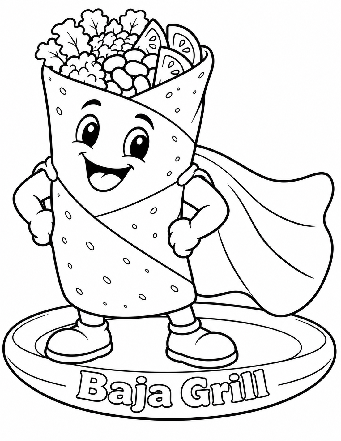 Draw a proud plump burrito superhero standing firmly on a broad plate, viewed slightly from below. Its recognizable tortilla body is wrapped with one diagonal fold and an open top revealing broad lettuce lobes, rice mounds, beans and two tomato wedges. A delighted face is drawn simply on the front wrap; two small rounded arms rest hands on its sides and two short cartoon feet stand on plate. A separate broad tortilla-colored cape flows behind in one great curved panel with two large folds, attached at shoulders without hiding the burrito. Exact business lettering goes on the broad plate rim. No other heroes, vehicles, restaurant reconstruction, masks, logos or dense filling texture. Make the burrito and cape occupy almost the whole page with generous coloring areas.