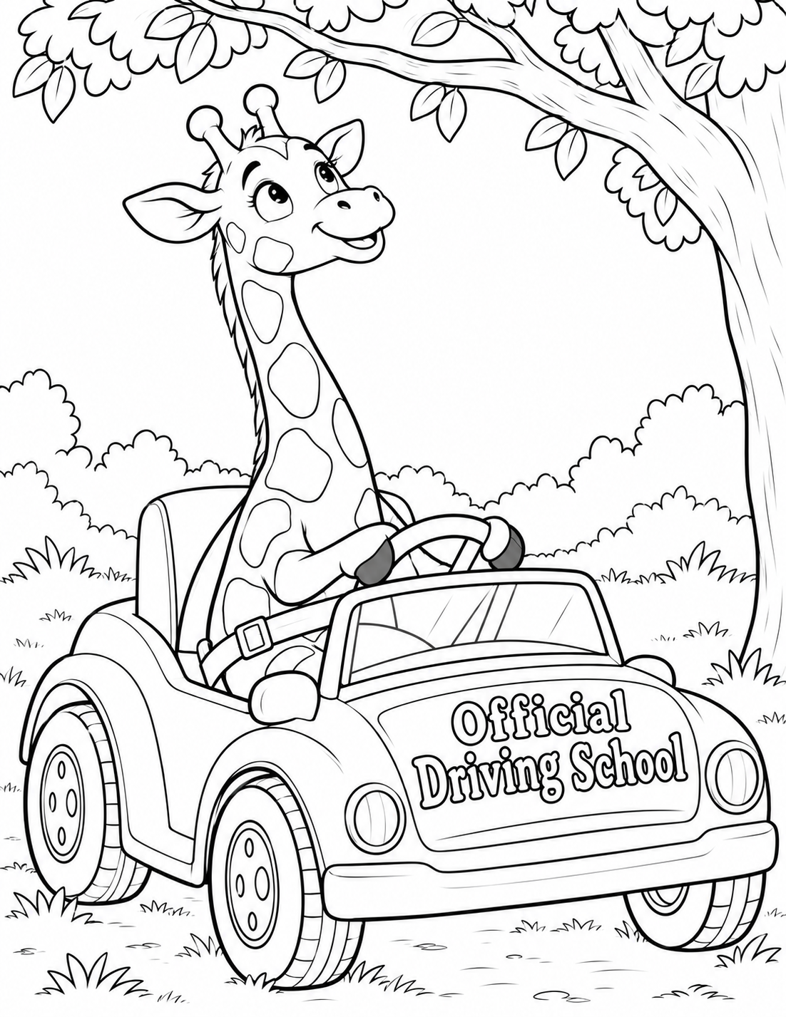 Draw a friendly giraffe learner seated securely in a small stationary open-top training car in an imagined practice clearing. A clear lap belt crosses its seated hips; both front hooves hold a broad steering wheel. Its long neck curves gracefully forward beneath one high broad tree branch overhead, and its delighted thoughtful face looks at the clearance. The branch never touches its head. Car has four wheels total, two large perspective-visible wheels flat on ground, simple windshield and broad open body panel carrying exact business lettering. Draw giraffe markings as six large unfilled patches, no tiny pattern. No child driver, real road, traffic, tiny sign text or car brands. Show entire car, neck, ears, branch and face inside page.