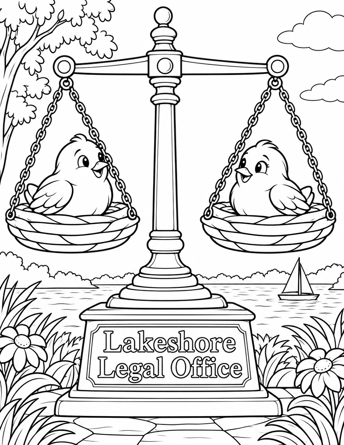 Draw an elegant large freestanding balance scale with a broad pedestal, straight center column and perfectly level crossbeam. Each pan hangs from three clearly attached simple chains and supports an equally sized round nest containing one content little bird with a broad plump body and tucked wings. The birds face one another with gentle pleased expressions; no eggs, babies or loose twigs. Use nests as smooth woven bowls with only three broad bands, not fine straw. Camera at pan level, three-quarter front, so both balanced pans dominate page. Exact business lettering is on the broad pedestal front. No judge, gavel, courtroom, legal text or actual office. All components and birds complete within page; generous white regions to color.