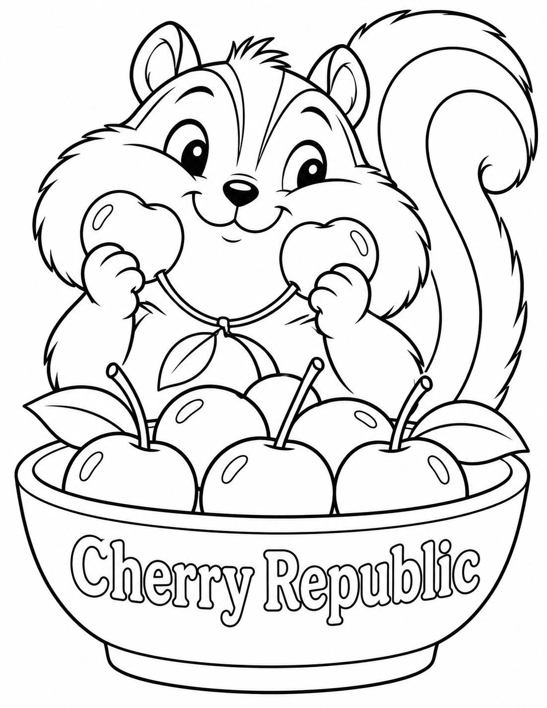 Create a close affectionate portrait of a round-cheeked chipmunk behind a huge bowl of cherries. View at bowl-rim height, so its absurdly puffed cheeks and amused closed-mouth grin fill the upper center. It holds a pair of big cherries in two little paws directly against the outside of its cheeks, with their curved joined stems hanging openly across its chest; no stem penetrates its skin and no exposed food sits inside the face. Show six large smooth cherries in the bowl, with only three simple leaf shapes. The complete curled striped tail arcs above one shoulder; make the stripe broad and unfilled. A broad plain front panel on the bowl carries exact business lettering. No realistic store reconstruction, alcohol, orchard background, humans, tiny fruit texture or duplicate product labels. Keep ears and tail entirely on the page and leave generous white coloring spaces in cheeks, cherries and bowl.