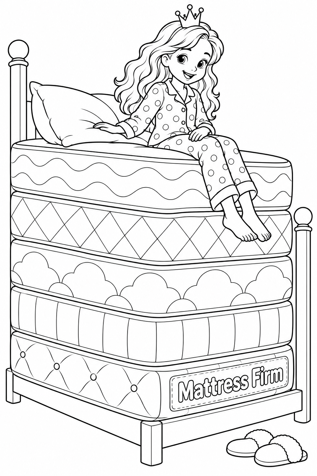 Create a focused correction of the attached princess-and-stacked-mattresses predecessor. Keep a young princess wearing a small crown and loose pajamas, seated happily on the top of five thick full-size mattresses on a simple bed frame. She has a bright relaxed smile, open attentive eyes and one hand comfortably resting on the pillow; other hand rests on her lap, with no chin-on-palms sad pose. Preserve the tall mattress tower and readable five varied broad side patterns: large waves, spacious diamonds, rounded cloud lobes, vertical broad bands and simple tuft buttons. Use a three-quarter view that shows mattresses as genuinely long full-size rectangular beds extending far behind the princess, with substantial deep cushion thickness. Her bare feet dangle over the near side. Draw all bed posts, pillow, feet, crown and mattress corners completely inside the page. Put exact business lettering on a large open-outline sewn panel on the lowest mattress. Remove the pea completely. Plain white background, one pair of simple slippers beside bed; no other scene or magic moon.