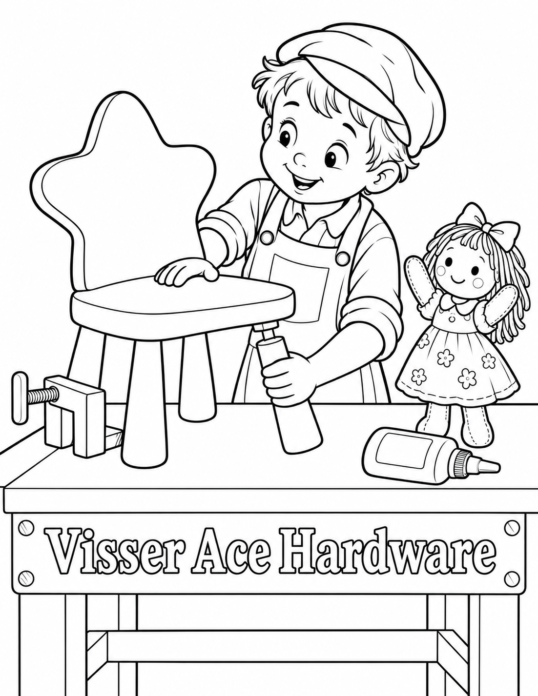 Preserve the exact input’s delighted young maker in cap and apron, warm amused face, broad star-shaped doll-chair back and seat, small cheering fabric doll, glue bottle and readable bench-front business name. Repair the assembly action: show exactly four chair legs, three already installed and resting securely on the bench, while the fourth is the single loose angled leg being fitted. One clearly visible child hand steadies the seat; the OTHER clearly visible hand grasps the loose fourth leg around its middle, with coherent fingers wrapping its wooden sides. Draw its simple tenon aligned with and partly entering one matching slot under the seat. Both hands must connect through two natural forearms to the child’s actual sleeves, with no extra hand or hidden controlling hand. The loose leg never floats unsupported. Replace the unused separate clamp with one simple functional clamp that visibly secures an already installed chair leg against a small fixed wood stop on the bench; each jaw contacts its work, rather than gripping air. Keep its mechanism broad and simple, secondary to the hand and chair. Remove ALL pale gray grain lines from chair, bench, plaque and background. Redraw wood as broad white interiors bounded by smooth clean black contours, with only necessary join lines. Replace the detailed wood-plank wall with pure white background; retain only the broad bench surface and apron. No extra projects, tools or furniture. Keep the complete maker head, chair, all four legs, both hands, doll, glue and business lettering inside the portrait with clear margins. The physical last-leg fitting and delighted doll reaction remain the attraction.