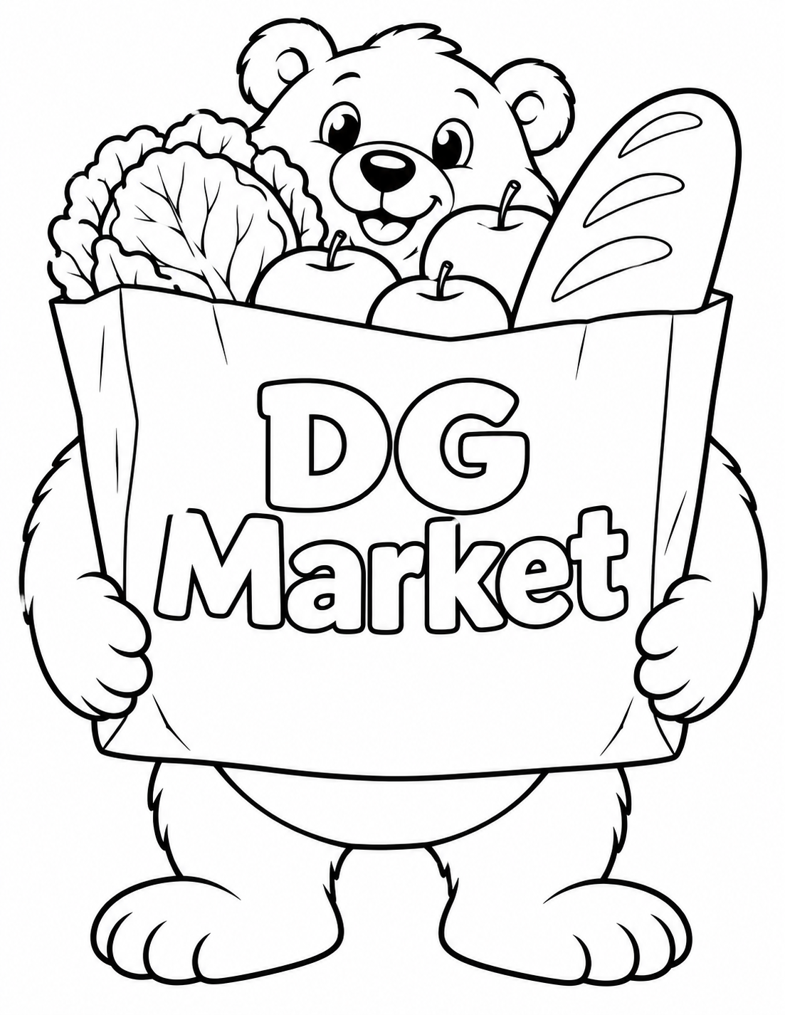 Draw a charming round bear shopper carrying an absurdly enormous sturdy paper grocery bag at chest height. The broad bag occupies most of the page; only bear rounded ears, pleased eyes and fluffy forehead peek above its rim, while broad feet and a little belly remain visible below. Both arms visibly hug bag sides, with paws supporting its bottom corners. The bear stands firmly, amused rather than strained. Show one large leafy cabbage, one broad loaf and three smooth apples protruding from bag, with no faces or product labels. Exact business lettering is on the great blank bag front. White ground with one simple contour; no real branch, carts, shelves, extra customers or pOpshelf lettering. Brand-service artwork does not establish Coopersville operation. Keep all shapes complete and broad.