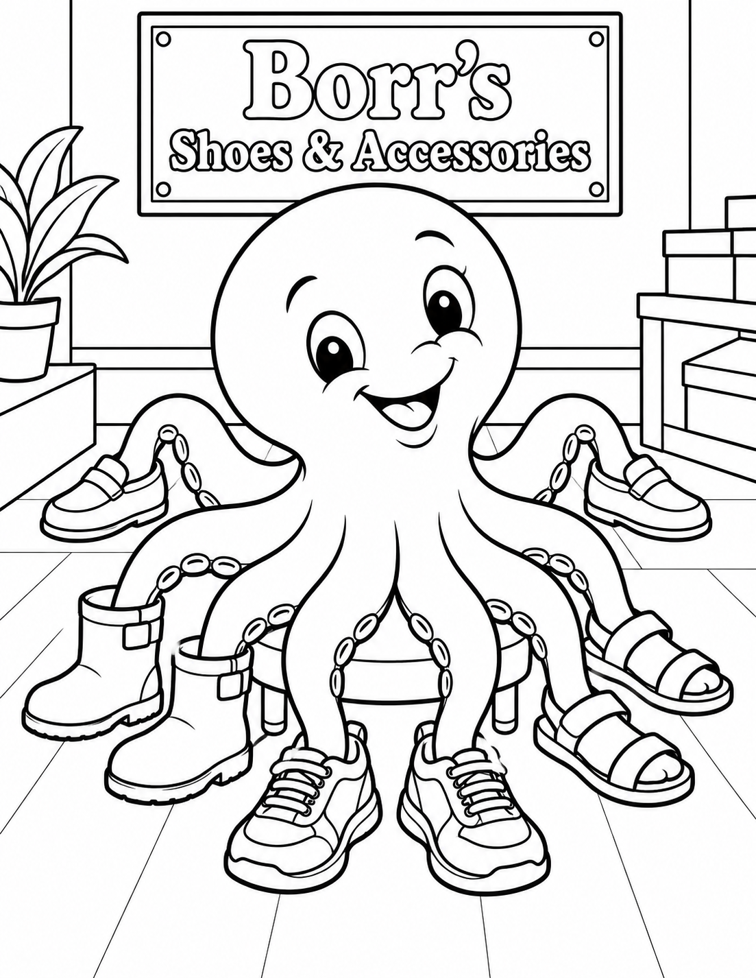 Create a charming full portrait of an imagined octopus customer sitting upright on a low shoe-store fitting stool. Its round head, pleased smile and curious wide eyes occupy the center upper third. Show exactly eight clearly separated arms attaching visibly beneath the head, arranged as four loose pairs that fan to each side without crossings. Each arm ends inside one shoe: a matched pair of sneakers in front, a pair of short boots to the left, two simple sandals to the right and a pair of plain loafers at the back. Shoes are broad, simple and each sole touches the fitting platform; no human feet. The octopus looks delighted at its new footwear. Use only a few large outlined suction cups near the visible arm curves. A plain wall sign behind carries the exact business lettering. No giant foot, Dutch clog, shelf maze, salesperson, extra octopus or brand logos. Keep all eight shoes, arms and the entire head inside the page; large open areas throughout.