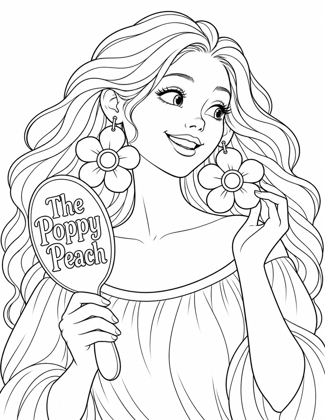 Preserve the beautiful delighted shopper expression, gentle three-quarter face, both magnificent five-petal wooden-flower earrings, clear short hooks attached to the two earlobes, the hand holding the mirror and the hand gently touching the near flower from input1. Pull the portrait camera back materially so the ENTIRE flowing hair silhouette is visible within white margins on top, left and right. Every outer hair wave must end inside the page; leave a clear white gap above the full hair crown and outside the widest left/right hair curls. Keep both earrings large, with complete five rounded petals and broad center rings; keep their hook connections visible. Keep full mirror body/handle, both hands and fingers inside the canvas, with natural connected wrists/arms. Preserve the elegant bust pose and plain wide-neck blouse; lower blouse/forearm context may continue beyond the bottom, but never crop a hand, mirror, earring or principal hair contour. Do not turn the image into a full-body fashion pose or shrink the jewelry until it is fussy. The broad MIRROR BACK faces the viewer, preserving the successful readable branding placement: replace solid letters/flourishes with only "The Poppy Peach" in large readable OPEN OUTLINE lettering, simple and fully contained on the broad mirror back. Do not move the long business name to a tiny handle. Remove decorative label flowers and swirls. All hair, petals, skin, clothes and mirror regions are pure white inside confident black contours. Simplify hair to broad flowing locks with a few long structural curves; no fine strand texture, shading or dark hair fill. No duplicated reflected face, extra accessories, shelving, product logo or additional words.