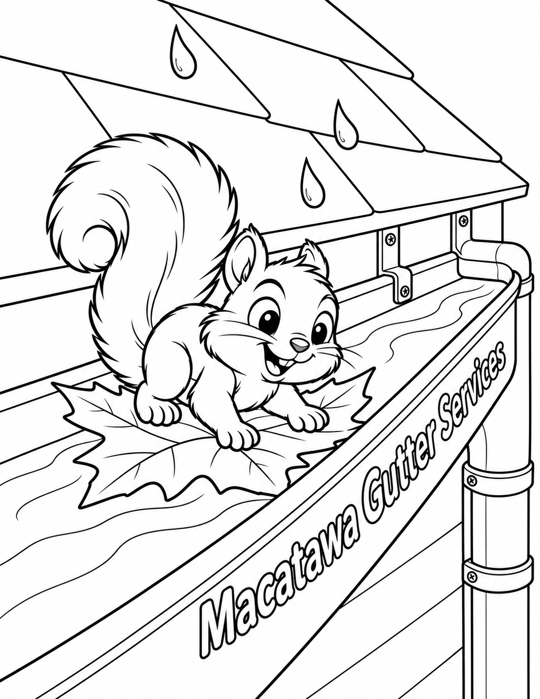 Preserve the exact input's delighted young squirrel with its complete curling bushy tail, crouched on one broad maple leaf floating in a shallow stream inside a gutter attached along a house eave. Preserve the coherent modern gutter channel, its brackets connected to fascia, and the downspout at the far end; do not rebuild it as a freestanding waterslide or force a different channel shape. View at the same intimate squirrel-eye height, but move a little farther back so the ENTIRE maple leaf, squirrel and tail fit inside the page with a clear white margin. Keep the leaf flat on the water with four paws resting visibly on it. Redraw every area using clean black contours with unfilled pure white interiors: specifically remove ALL pale gray water bands, gray fascia/downspout shadows and stippled shingle edges. Show water with only three smooth open contour curves, no solid or shaded water regions. Limit roof context to six large smooth shingle outlines, simplified fascia and three open-outline raindrops. Retain the broad gutter side panel and exact readable business name, wholly inside the page. Background remains pure white. The cheerful squirrel-scale ride is the attraction, while recognizable attached gutter geometry establishes the service.
