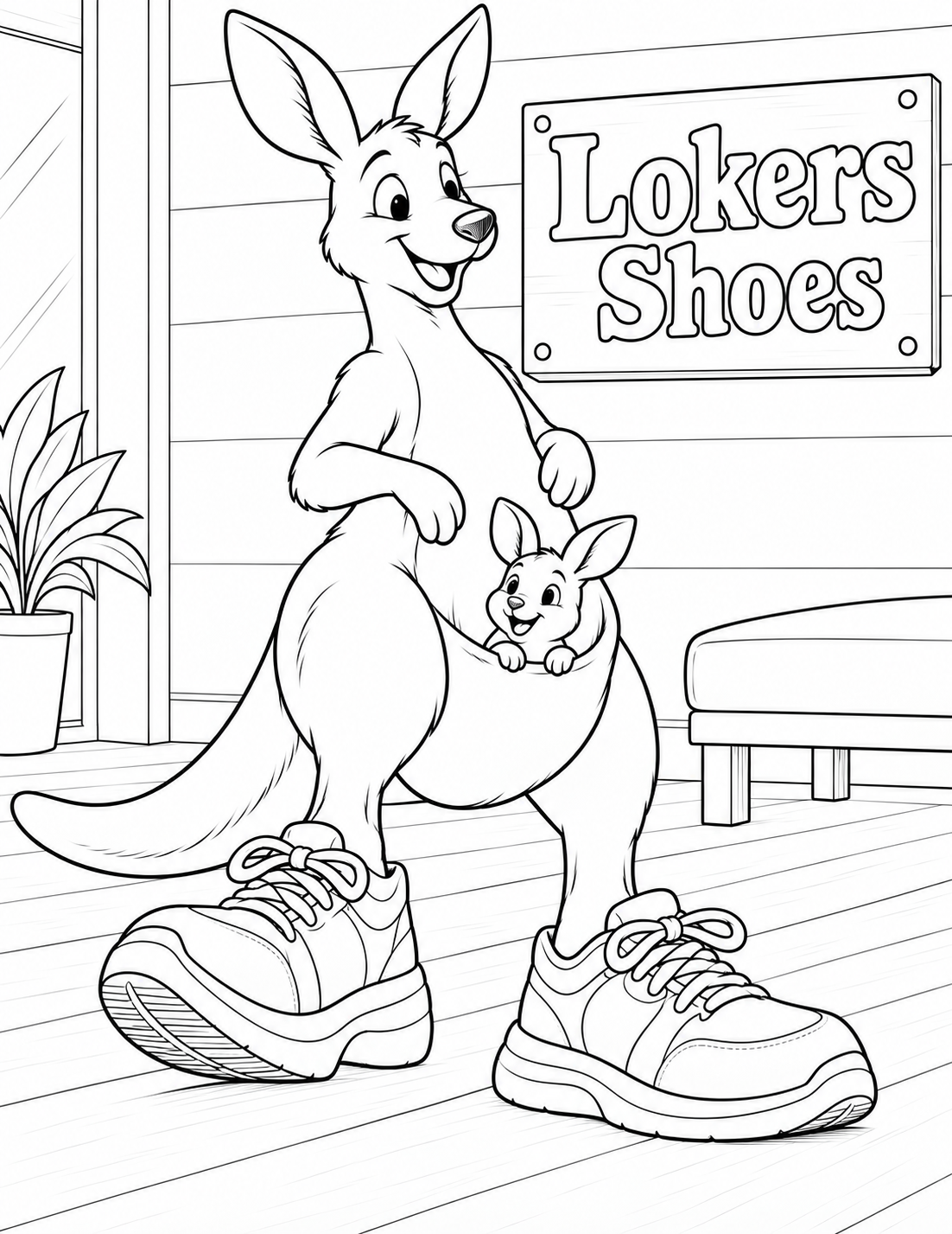 Draw a friendly kangaroo testing a comfortable new pair of enormous sneakers on a broad flat fitting floor. One heel rises slightly while its toe remains on ground; other foot rests flat with sole gently compressed under weight, no springs. The kangaroo balances naturally with broad long tail resting behind and two small front paws held near pouch. A delighted joey peeks from the broad pouch opening, two ears and tiny paws visible. Main kangaroo face looks pleased, wearing no other costume. Both sneakers attach clearly to its long hind feet, broad smooth uppers, simple laces and thick open soles. Exact business lettering is on a plain wall plaque behind. Low shoe-height camera emphasizes feet while whole ears/tail remain visible. No octopus, giant human foot, store shelf maze or actual shoe brand.
