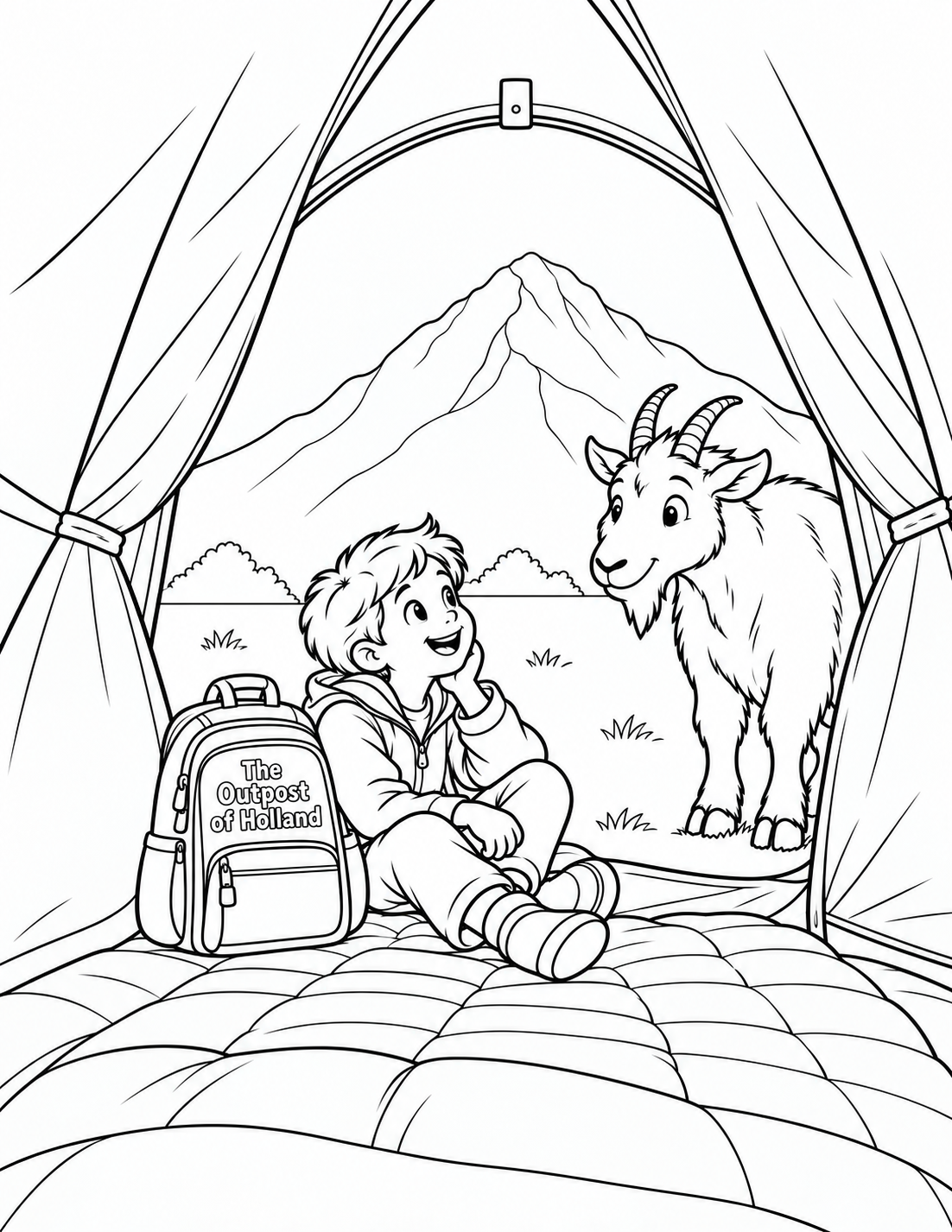 Use the exact successful v2 camping picture as the ONLY input. Preserve the child sitting comfortably on the sleeping mat, delighted hand-at-chin expression, other hand resting on knee, coherent bent/crossed legs, friendly goat standing on level ground beyond the tent threshold and one broad mountain peak. Preserve all already repaired PURE WHITE surfaces: plain backpack pockets, broad unhatched boot soles, clean tent cloth, clean mountain and sparse grass. Make ONE EXPLICIT WIDER-CAMERA LAYOUT CHANGE: pull the camera back so the ENTIRE MAIN SCENE, not just tent cloth or sleeping mat, is approximately 25% SMALLER in linear scale than input1. Keep child center near 50% of canvas width and goat center near 80%. MOVE THE BACKPACK RIGHT INTO THE TENT and make its overall width narrower than input1: its entire silhouette INCLUDING both side pockets, top handle, straps and bottom corners must lie between approximately 10% and 35% of canvas width, centered around 22%. Leave a truly BLANK WHITE LEFT GUTTER of at least 5-8% canvas width beyond the leftmost bag/pocket contour. Every backpack contour closes fully inside the page; no side pocket may touch or cross the left edge. Do not merely shift its handle or enlarge surrounding cloth. Keep the whole bag beside the child with its name unobstructed and readable, in the foreground on the same mat. The figures may be smaller than input1, but their warm expressions must still be clear and comfortably colorable. Preserve child/goat hand/hoof/support contacts and naturally visible body parts; goat rear body may remain naturally occluded by the doorway. Keep the great tent opening and visible mountain peak complete; peripheral outer tent flaps and sleeping mat may naturally extend off canvas as inside-tent equipment context. Keep all gear texture absent: no mesh, tread pattern, stitching grain, boot ribbing, gray wash or hatching. Only a few broad pocket seams/zipper outlines, sparse cloth/quilt contours and mountain slopes. The only lettering is the full exact name "The Outpost of Holland" in open outline letters on the contained backpack front. No extra gear, people, animals, labels, actual campsite or landmark claim. The key visible result is the whole named backpack with a generous left white gap, alongside the preserved delightful child/goat encounter.