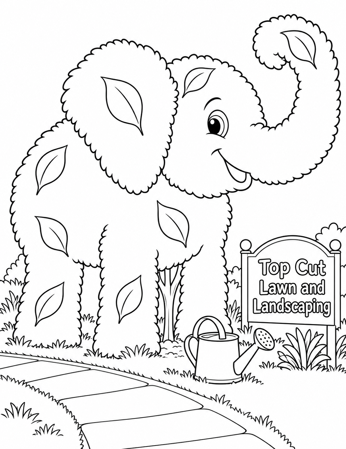 From garden-path height draw a magnificent elephant-shaped topiary shrub. Its broad rounded body, great fan-shaped ear, four sturdy leg-shaped greenery masses and gently curled upward trunk are all smoothly clipped foliage, with a single visible planted woody stem at ground. Give its shrub face one playful open-outline eye and warm mouth curve. Use just eight large leaf outlines across whole silhouette, no small foliage texture. A plain real watering can rests beside its front planted base, emphasizing scale; no gardener or child riding it. Exact business lettering is on a broad garden plaque staked beside path. Keep whole trunk curl, ear, legs, roots, can and plaque inside page. White background with one curved path edge, broad clean areas for coloring.