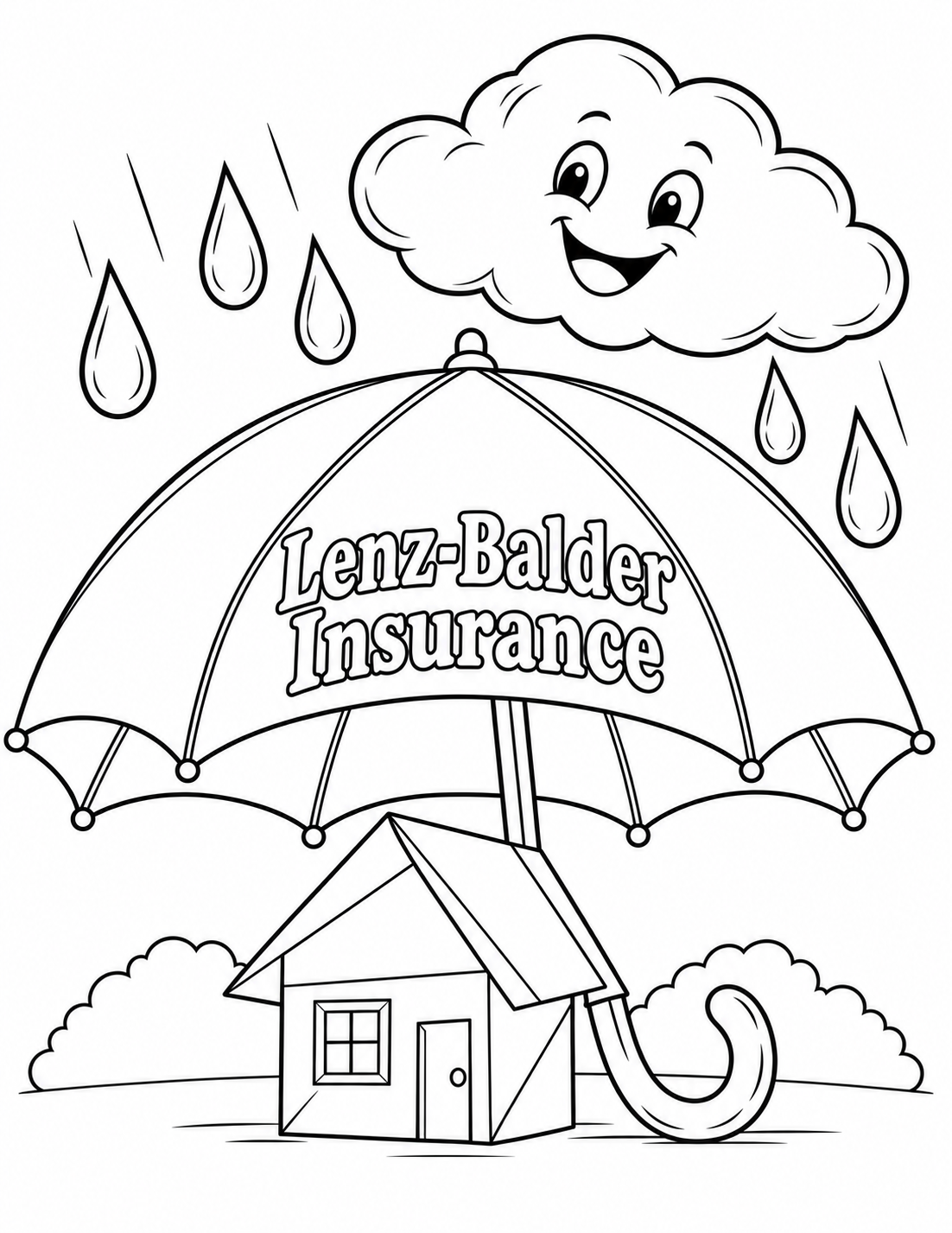 Preserve the exact welcoming umbrella sheltering the same little folded-paper house, its broad curved canopy, readable business name, supporting pole and J-shaped curved handle resting on the ground. Pull the viewpoint farther back and center the entire structure so BOTH complete canopy side tips, every canopy rib end, top finial, full handle, full house and ENTIRE smiling cloud including all top lobes lie inside a continuous white margin. The leftmost umbrella tip must visibly terminate inside the page, never extending beyond the left edge; the cloud crown must have a complete closed contour below the top edge. Keep the inviting wide canopy large, the house clearly beneath it and the J-handle grounded beside it. Preserve five broad raindrops falling outside the sheltered house area. Replace all gray paper-fold shadow strips with plain black outline folds and pure-white paper faces; no gray edge fill, wash, shading, grain, hatching, speckle or textured surfaces. Use only two low broad shrub contours behind the house and three short ground strokes, removing peripheral grass clusters and dense foliage. Entire scene clean white, with open outlined "Lenz-Balder Insurance" on the broad umbrella front. No new characters, smaller props or extra lettering.