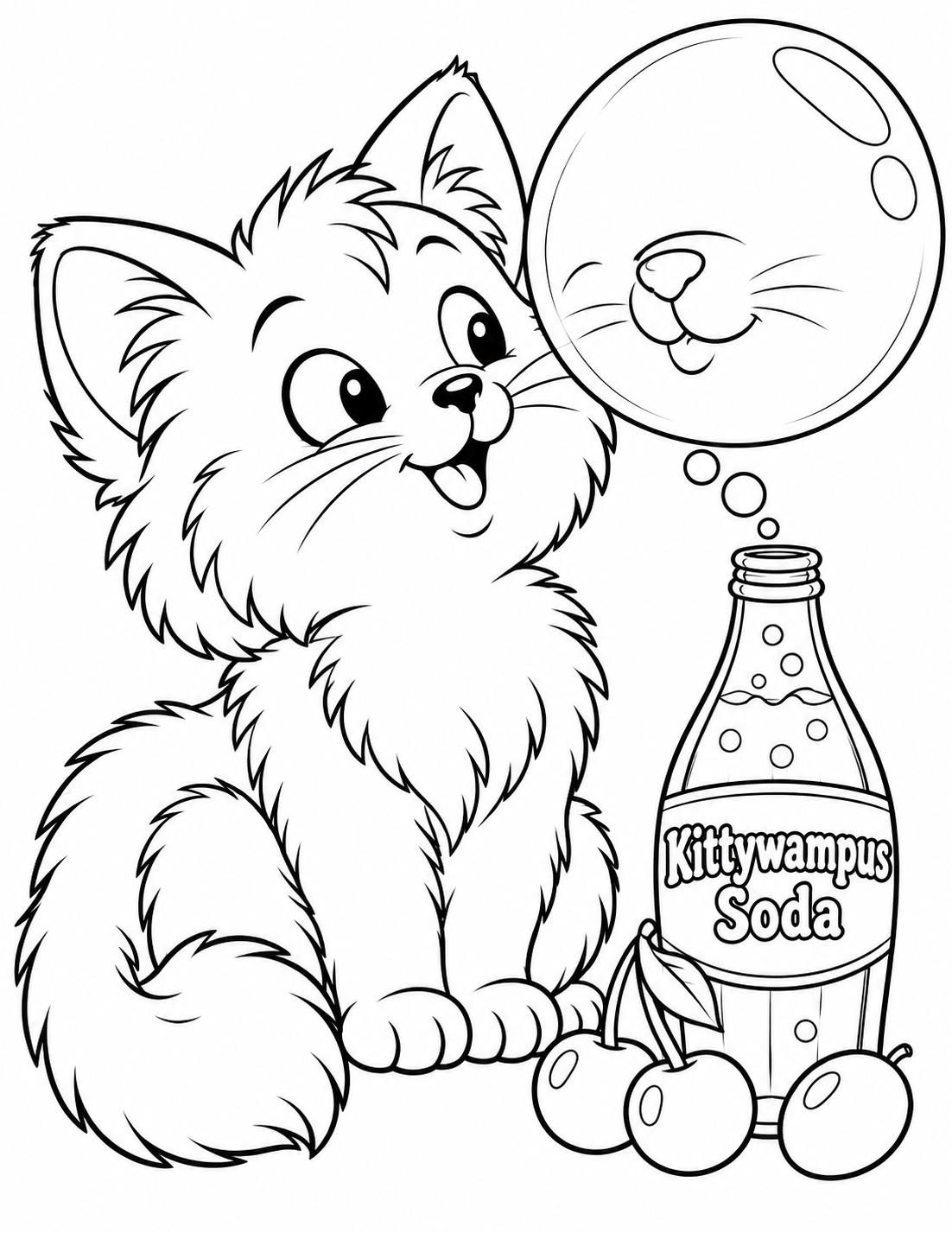 At close kitten-eye level, draw a fluffy young kitten sitting beside an uncapped glass soda bottle. A single enormous transparent round soda bubble floats directly before its nose. The kitten has a delighted cross-eyed expression as it studies a simple enlarged reflection of its own nose inside the bubble. Show that reflection lightly in open contours, with no filled or gray glass. The round bubble fills the upper right half; the kitten face and two big ears fill the left. Keep the complete curled tail visible below. Three large separate fruit pieces, a cherry pair and one grape, sit at the bottle base. A small sprinkling of round bubbles connects the bottle mouth to the large bubble. The glass bottle has a broad front label carrying the exact business lettering. No people, scenery, extra animals or tiny pattern detail. Make the kitten own body completely outside the large bubble and preserve large coloring spaces in its fur.