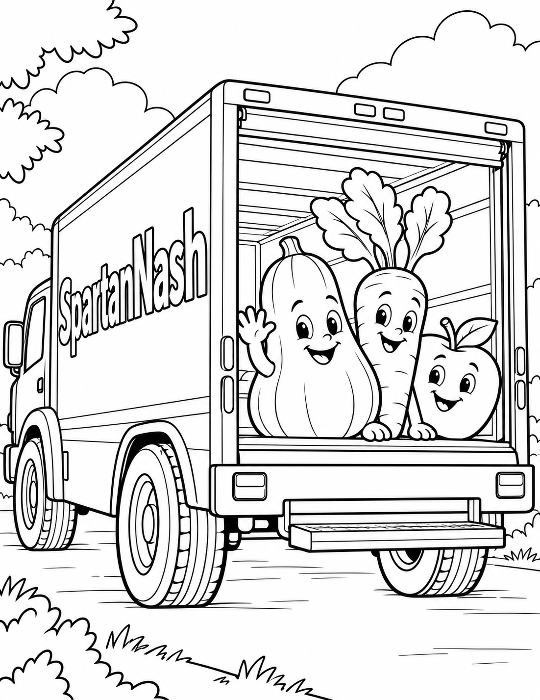 From a low rear three-quarter viewpoint draw a stout friendly unbranded delivery truck parked with its rear cargo door fully open. The whole truck silhouette remains inside the page. It has four wheels in total; show only wheels visible from this coherent rear three-quarter perspective, with each visible wheel resting on the same ground plane. Inside the broad cargo opening sit just three oversized imagined produce passengers: a rounded squash with a pleased face and one waving little arm, a carrot with three broad leafy tops and a smooth apple peeking behind. Their bodies rest securely on flat cargo floor, not falling out; no other stock. Truck side panel carries the exact business lettering in large open letters. Keep cab simple with two broad windows and no driver portrait. A short rear step sits below opening; no warehouse, actual headquarters facade, road traffic, slogans or produce texture. The distribution truck is the main page-scale silhouette, cargo discovery secondary.