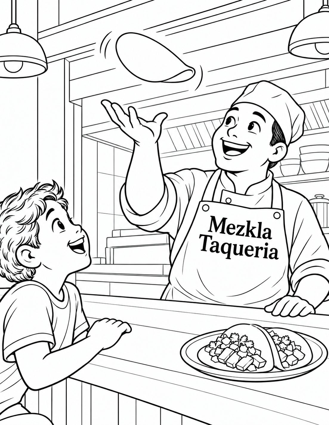 Preserve the delighted cook tossing one tortilla above the open palm while the diner watches. The only creative change is that the food becomes clean monochrome line art with white colorable interiors.