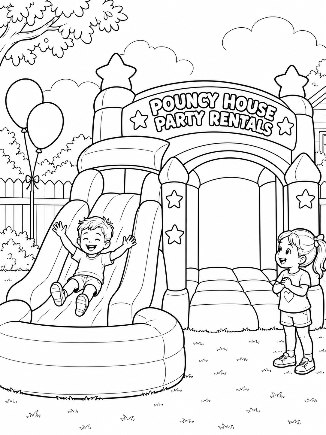 Two children enjoy a Pouncy House inflatable in a family backyard.
