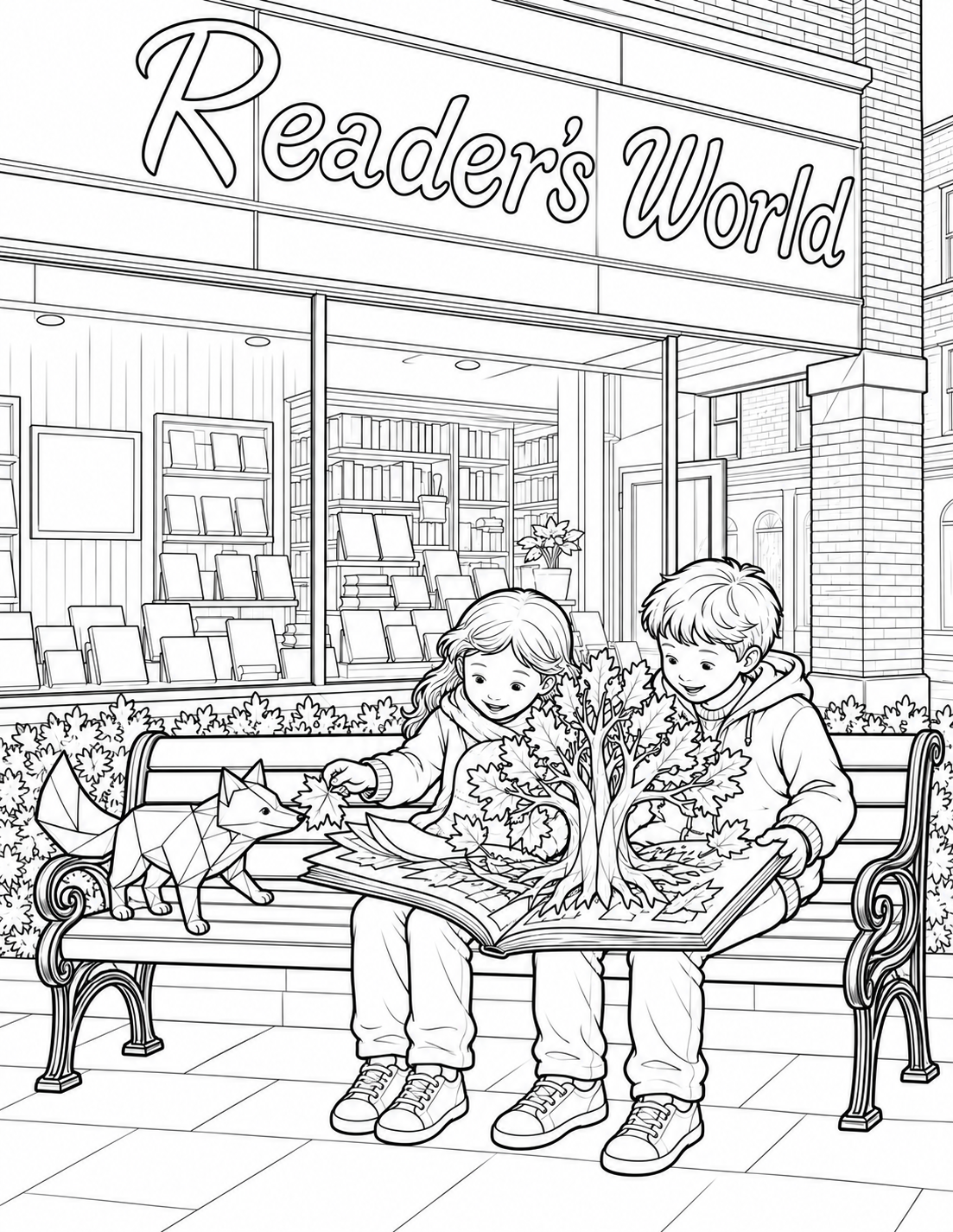 Two children share a pop-up forest book on a sidewalk bench outside Reader’s World while a paper fox meets a leaf.