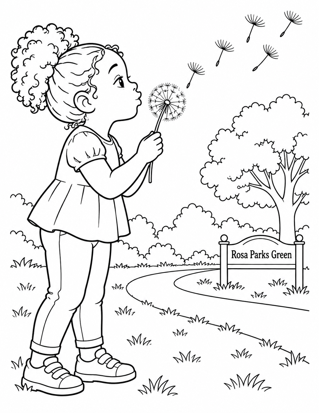 A child's breath releases a great dandelion puff; a handful of oversized parachute-shaped seeds drift past the park's loop path like tiny floating umbrellas.