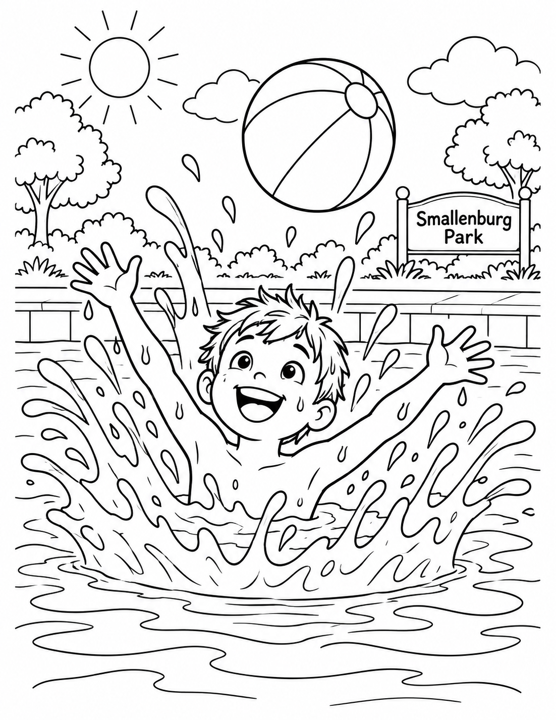 At the adjacent outdoor pool, a child makes one enormous crown-shaped splash that rises around a bright plain beach ball, frozen just as the ball lifts clear of the water.