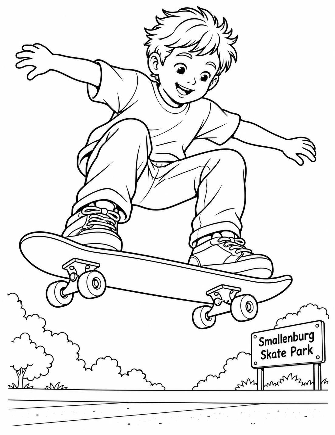 A child is fully airborne in a clean ollie over the flat pavement, with the skateboard level beneath both feet and all four wheels visibly clear of the ground.
