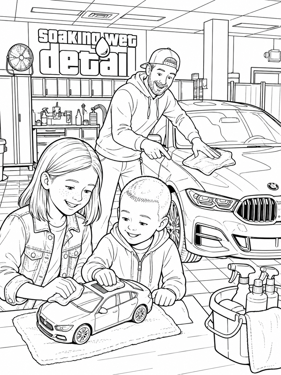 Two children polish a toy car while a grown-up demonstrates on a full-size car at Soaking Wet Detail.