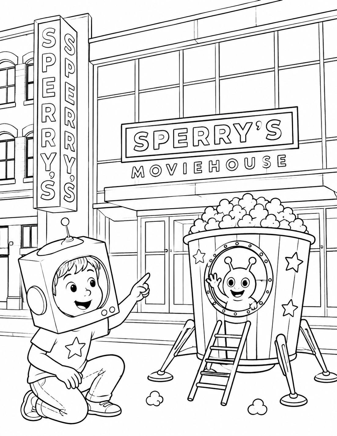 A child in a cardboard astronaut helmet meets an alien in an imagined popcorn spacecraft outside Sperry’s Moviehouse.