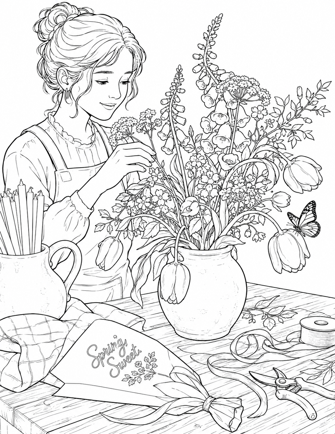 A butterfly visits a loose tulip arrangement as a florist works, inspired by Spring Sweet’s flowers.