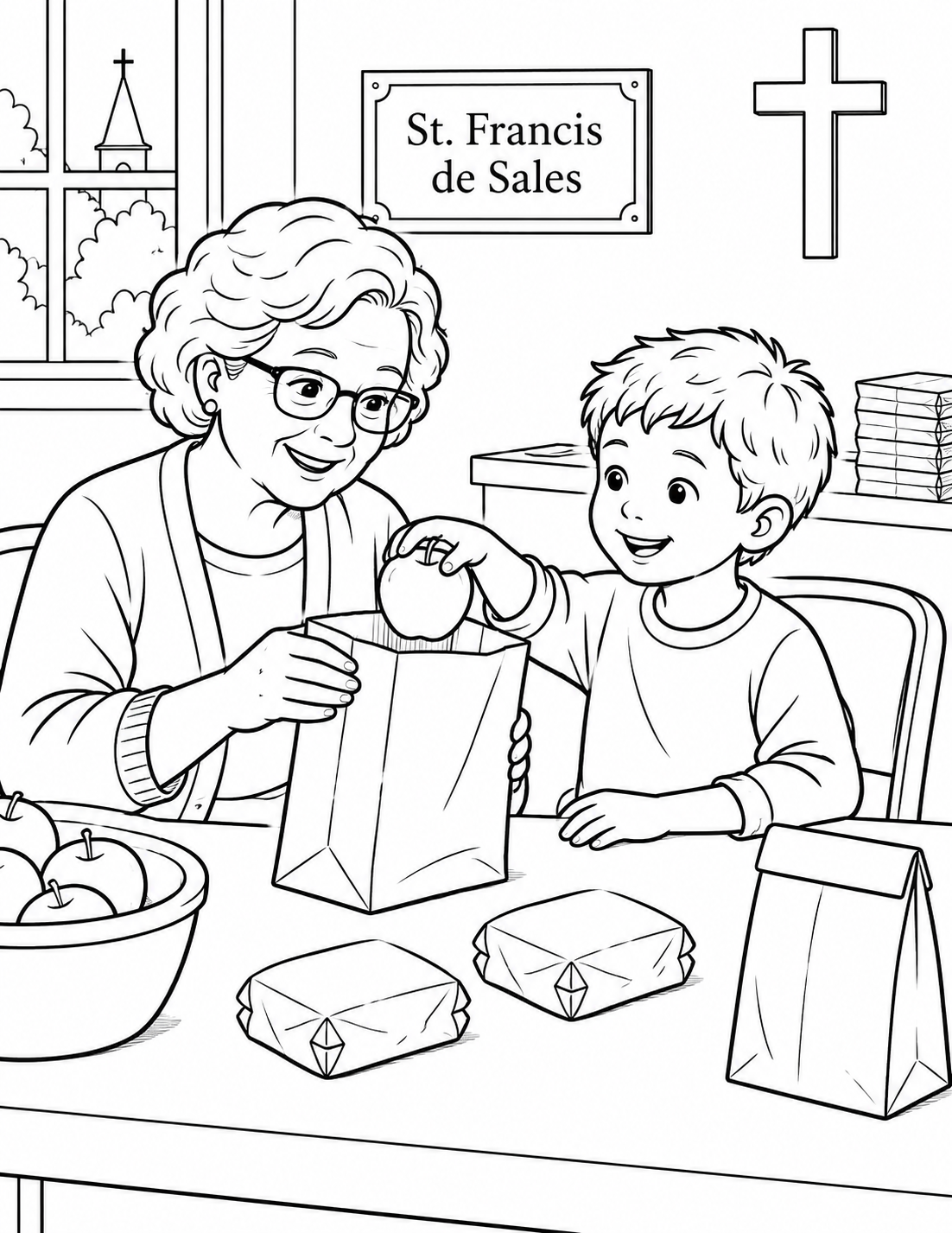 A child and grandmother pack apples and sandwiches into lunch bags at a parish service table.