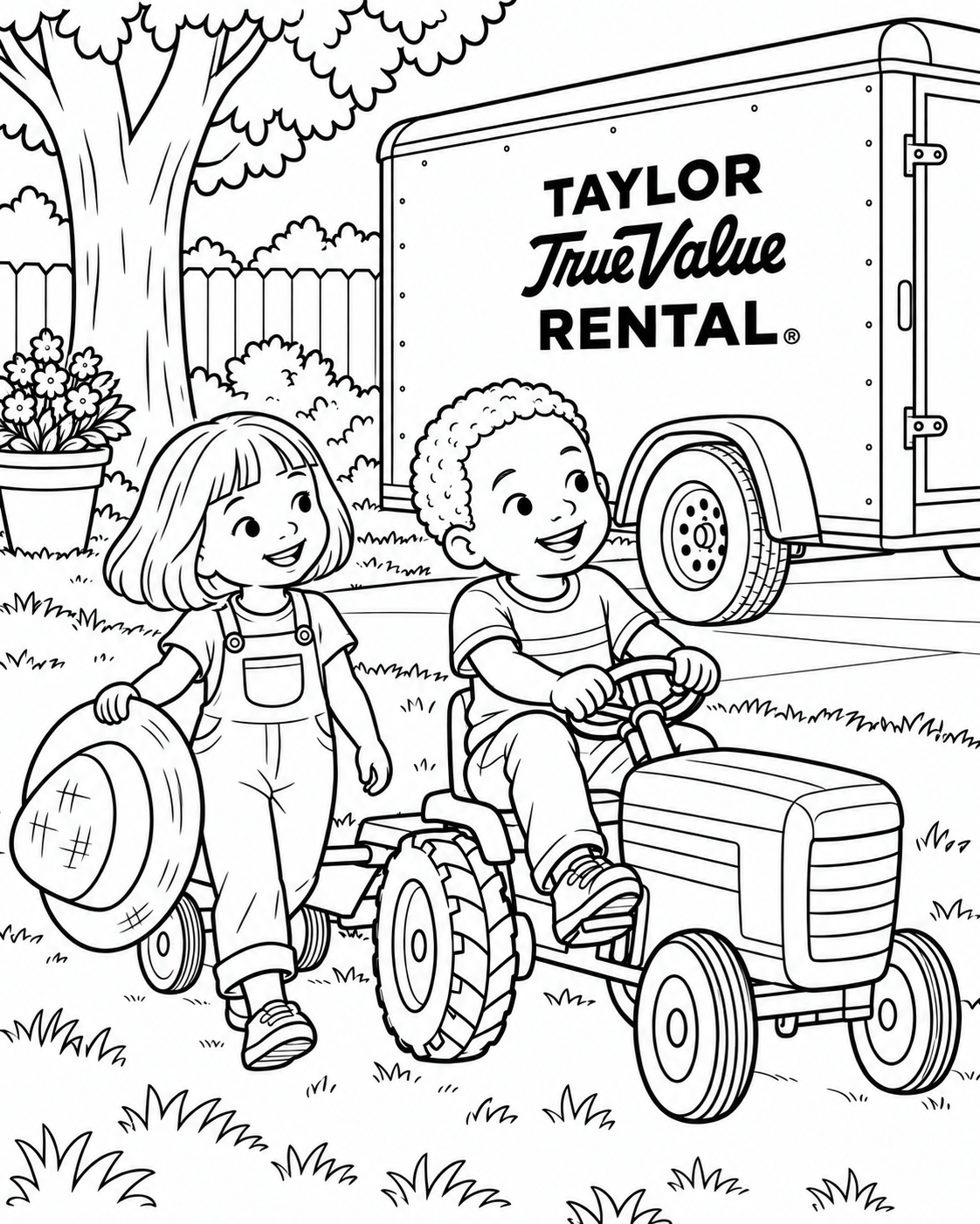 Children play with a pedal tractor beside an imagined Taylor True Value Rental delivery trailer.