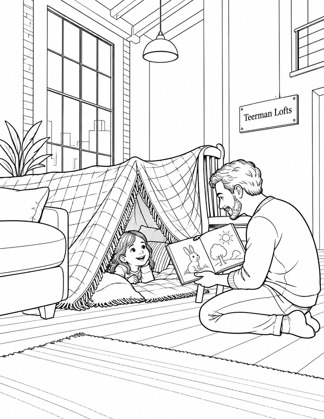 In a high-ceiling loft living room, a child turns a blanket draped between a sofa and sturdy chair into a cozy hideaway, peeking out through its broad doorway as a parent brings a book.
