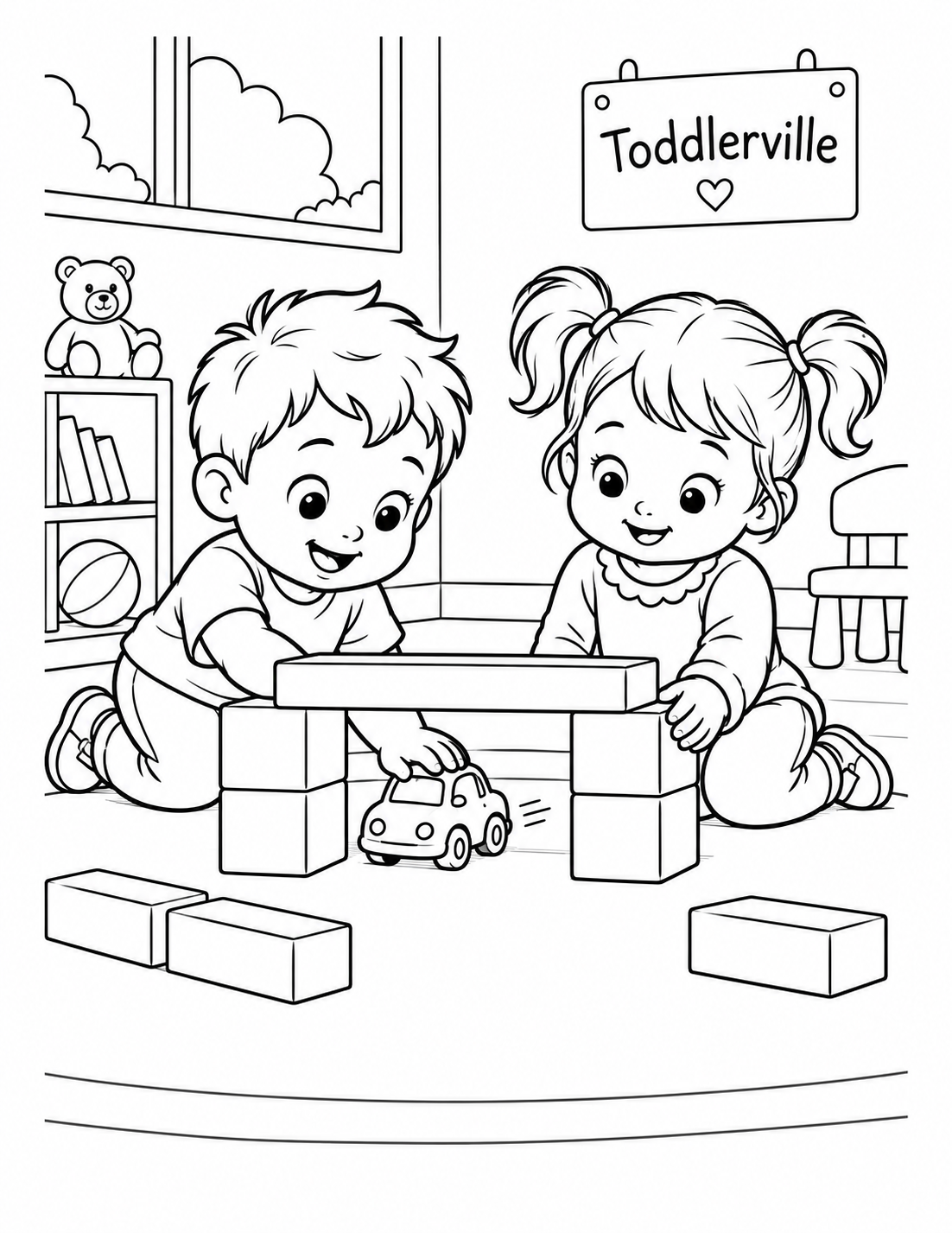 Two toddlers finish a sturdy toy-car bridge from ordinary rectangular blocks: matching block piers support one horizontal span as a child sends a small car underneath.