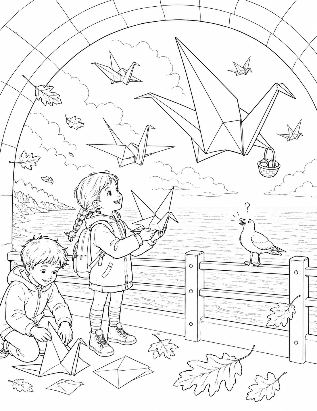Two children fold paper cranes at Tunnel Park, and their creations take flight over Lake Michigan. An imagined autumn adventure inspired by the park’s dune tunnel and lake overlook.