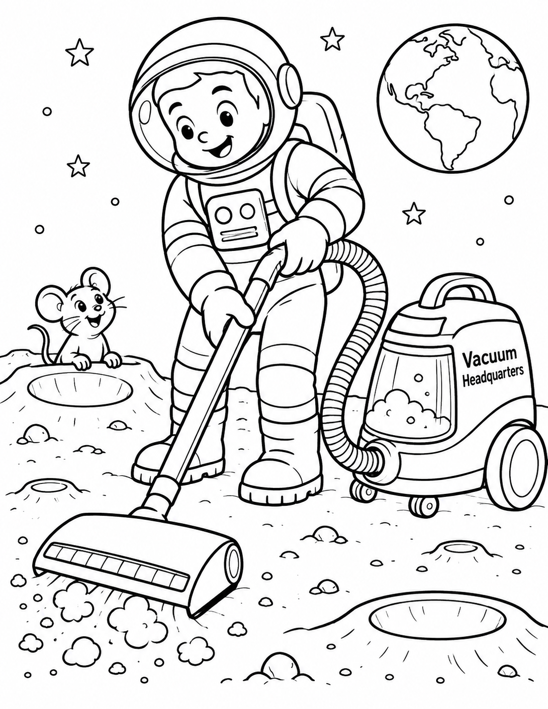 A child astronaut vacuums moon dust while a mouse peeks over a crater. Earth hangs above the simple lunar landscape.